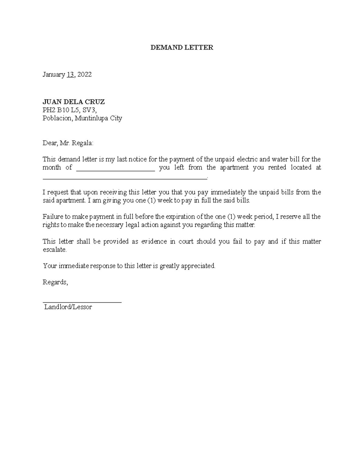 Demand Letter for Payment of Unpaid Rent - DEMAND LETTER January 13 ...