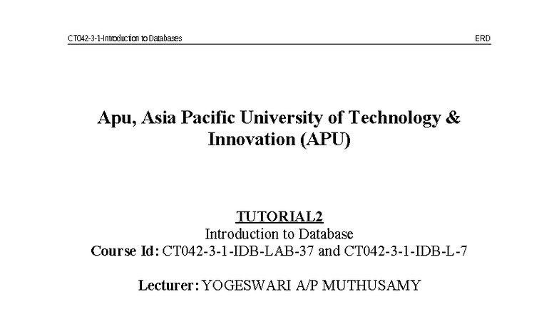 Tutorial 2 - ... - CT042-3-1-Introduction to Databases ERD Apu, Asia ...