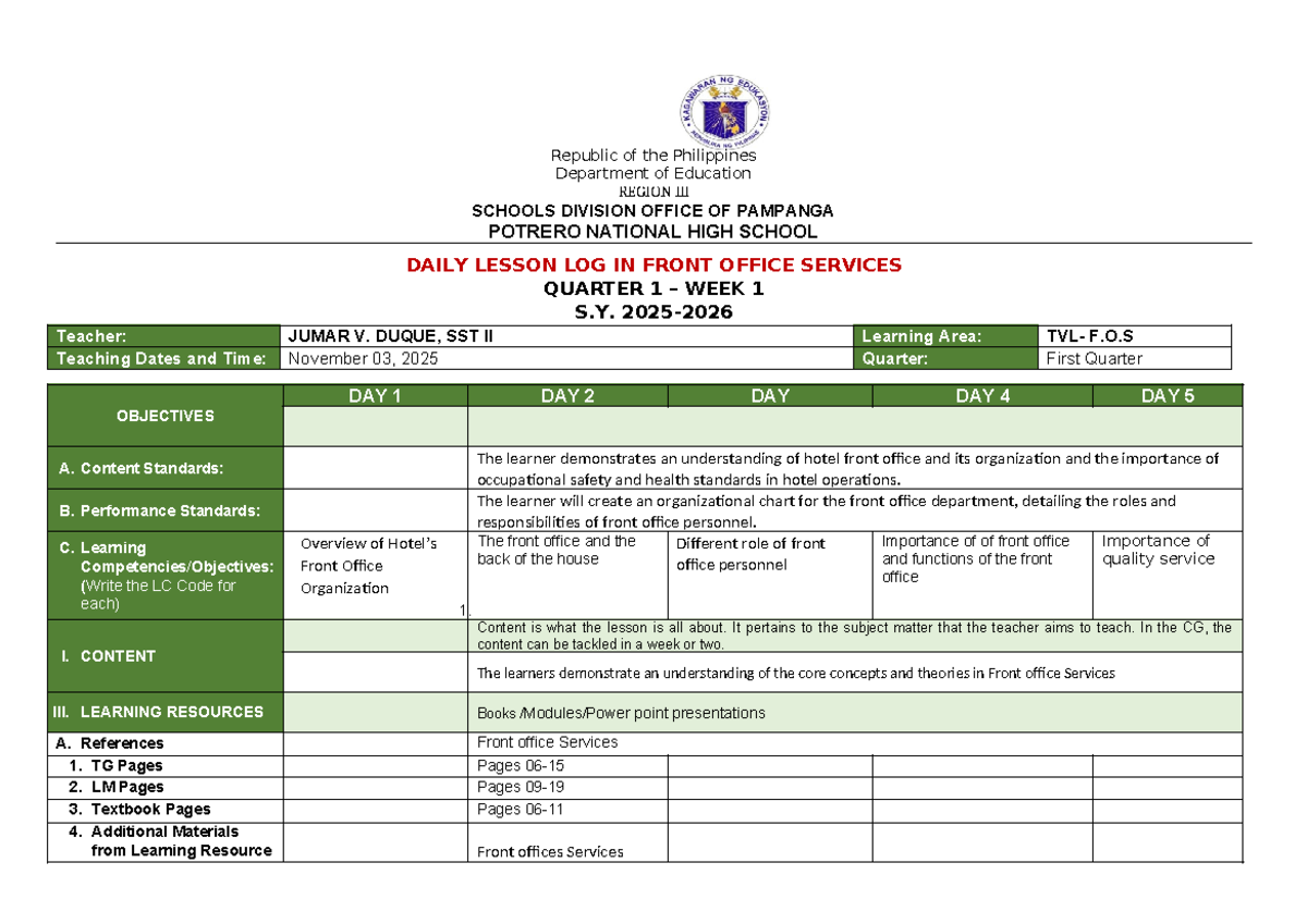 FOS DLL - Daily Lesson Log for Front Office Services, Q1 W1 - Studocu