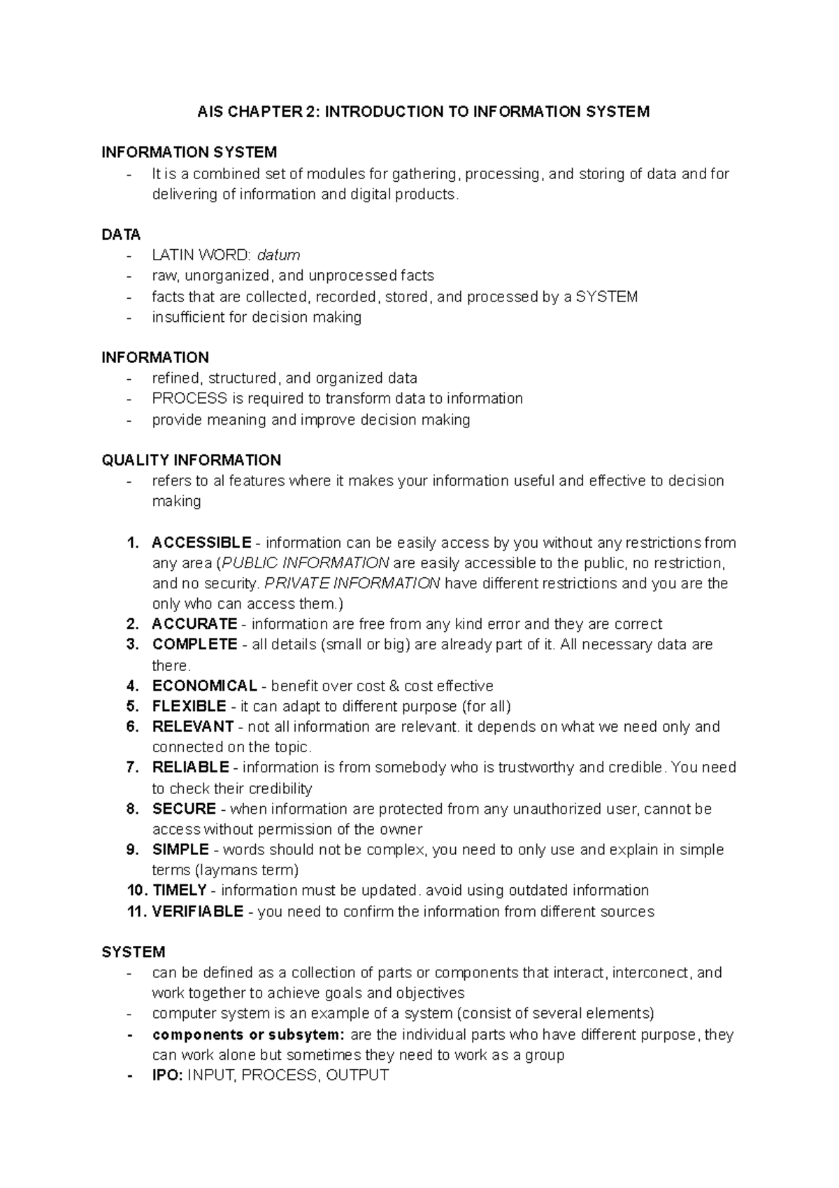 AIS C2: Key Concepts in Information Systems for Easy Recall - Studocu