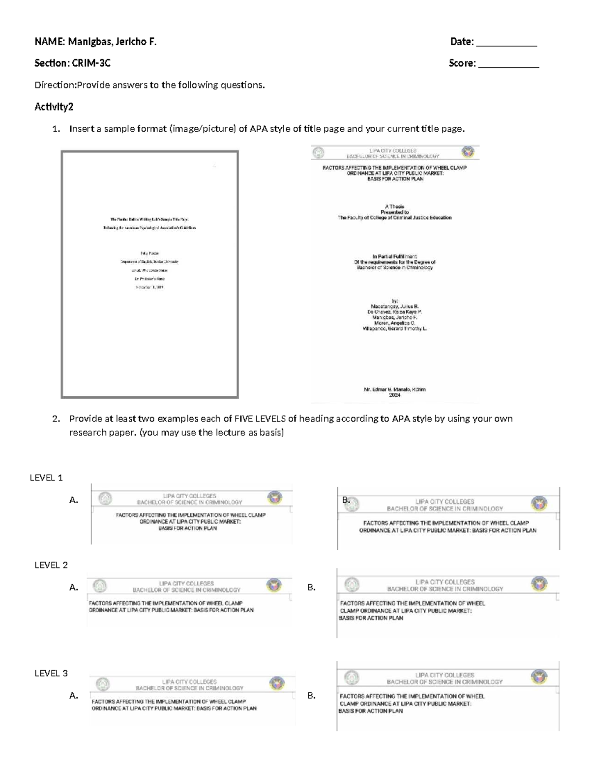 Manigbas-ACT2: APA Format and Heading Levels Exercise for CRIM-3C - Studocu