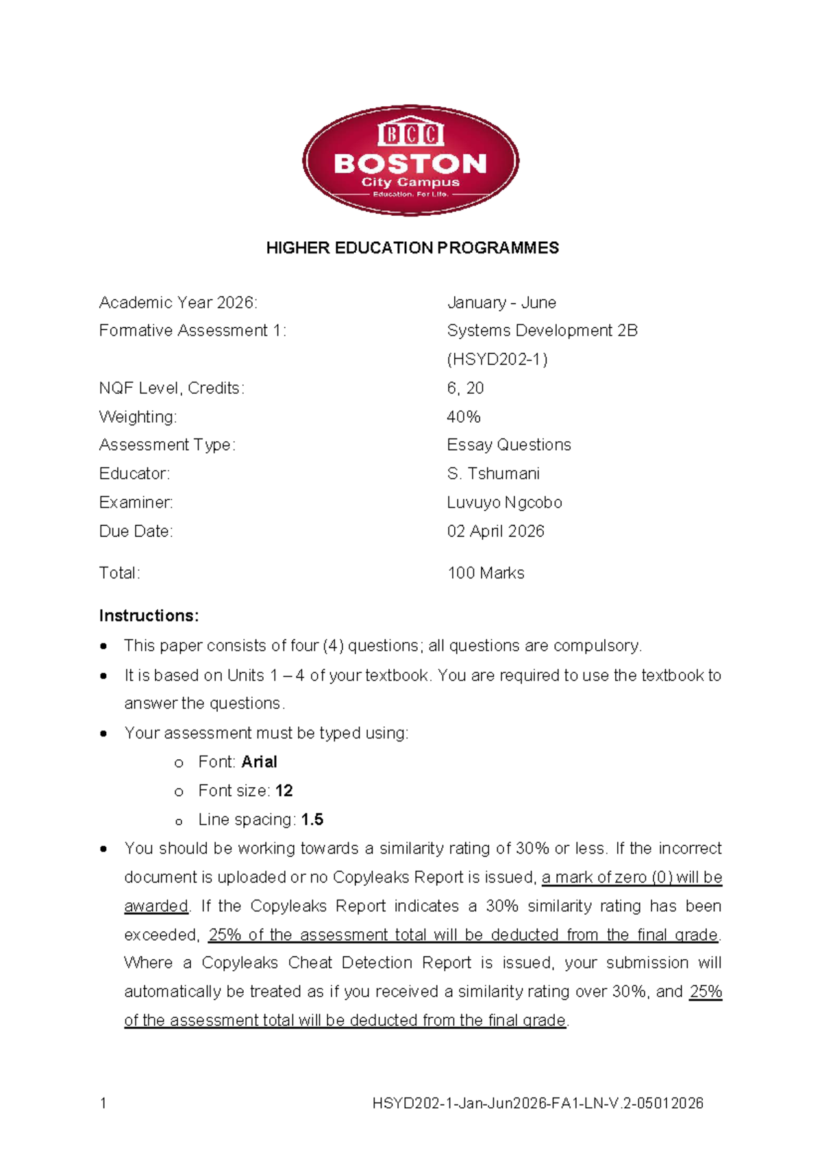 HSYD202 1: Jan-Jun 2026 Formative Assessment 1 - Systems Development ...
