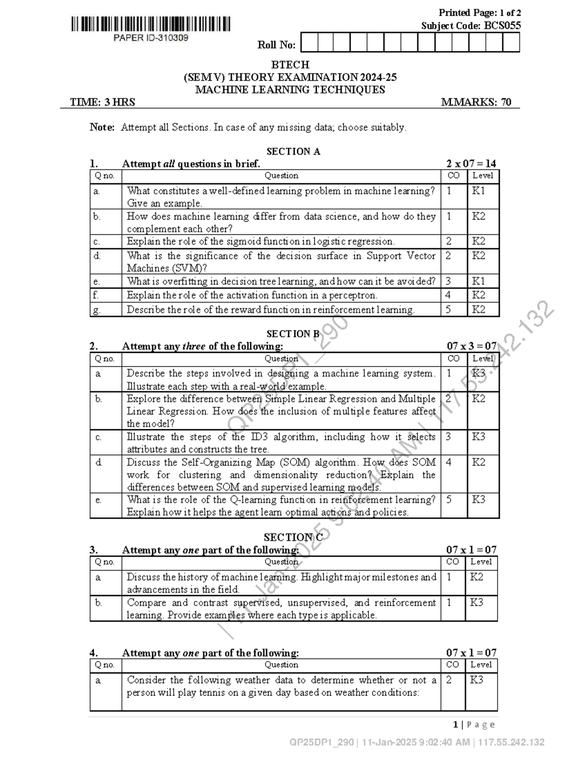 BCS055 BTECH V Sem Machine Learning Techniques Exam Paper - Studocu