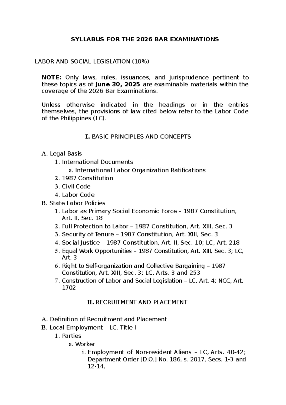 Labor Law 2026 BAR Exam Syllabus: Key Topics and Guidelines - Studocu