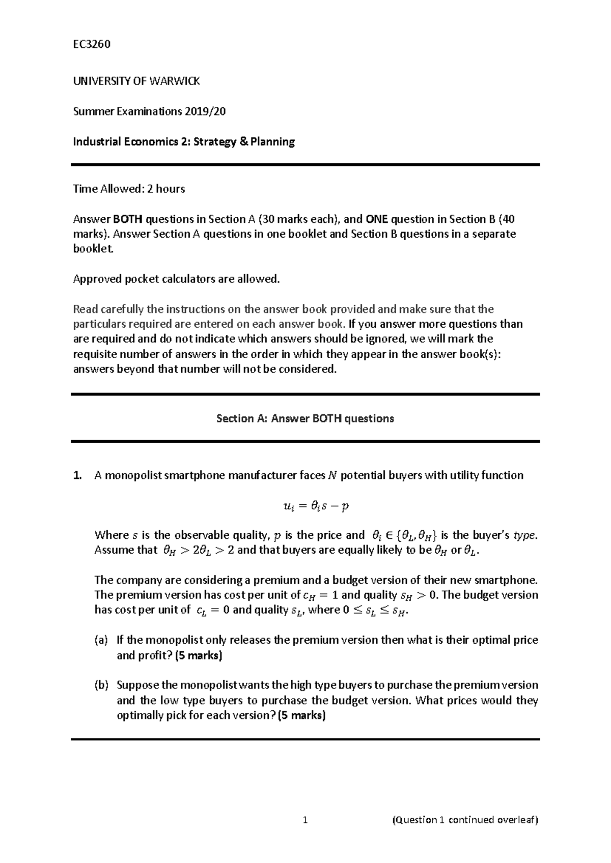 Industrial Economics 2 EC336 Summer Exam Instructions & Questions 2019 ...