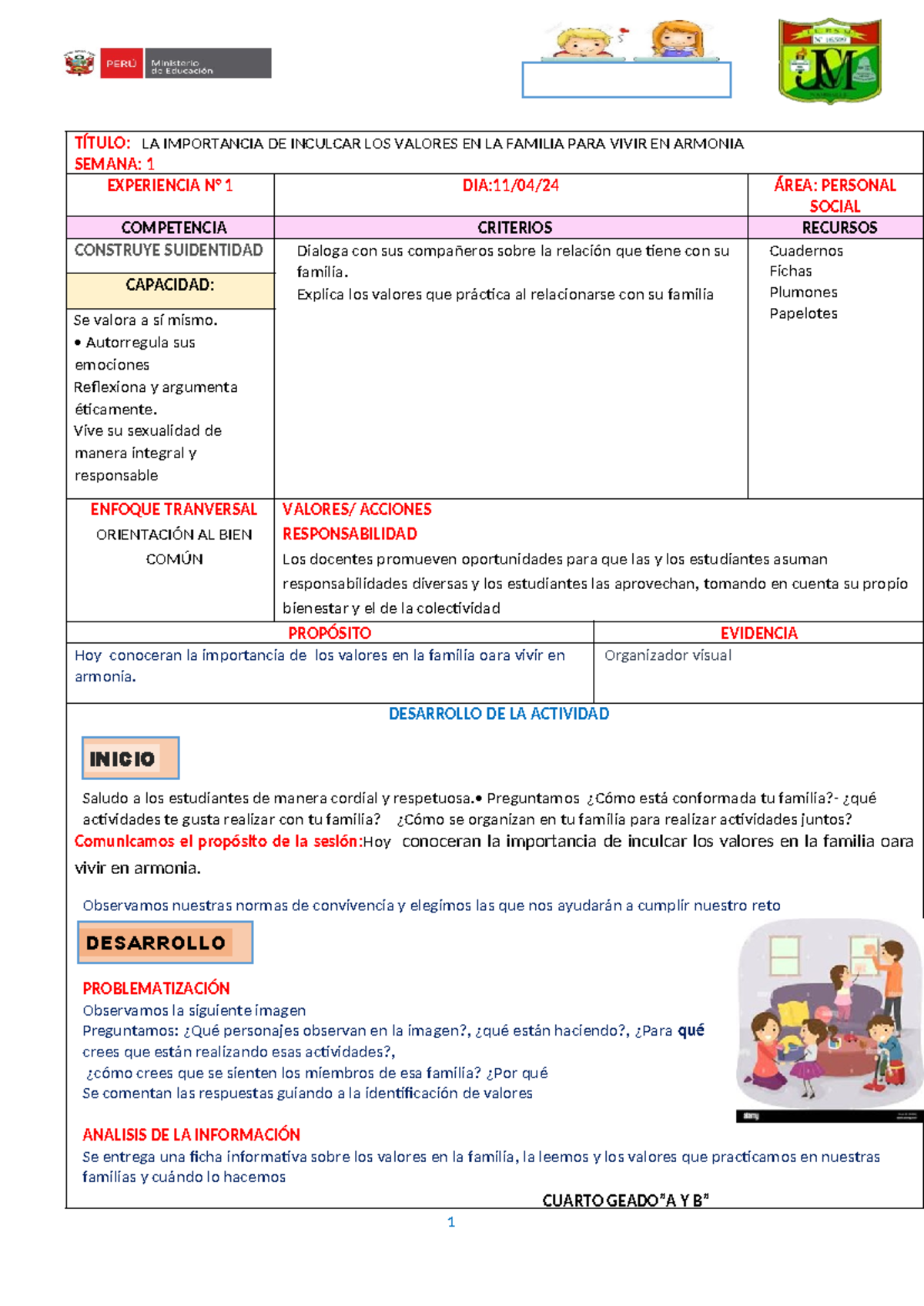 Sesion de Aprendizaje: Importancia de Valorar la Familia - Personal ...