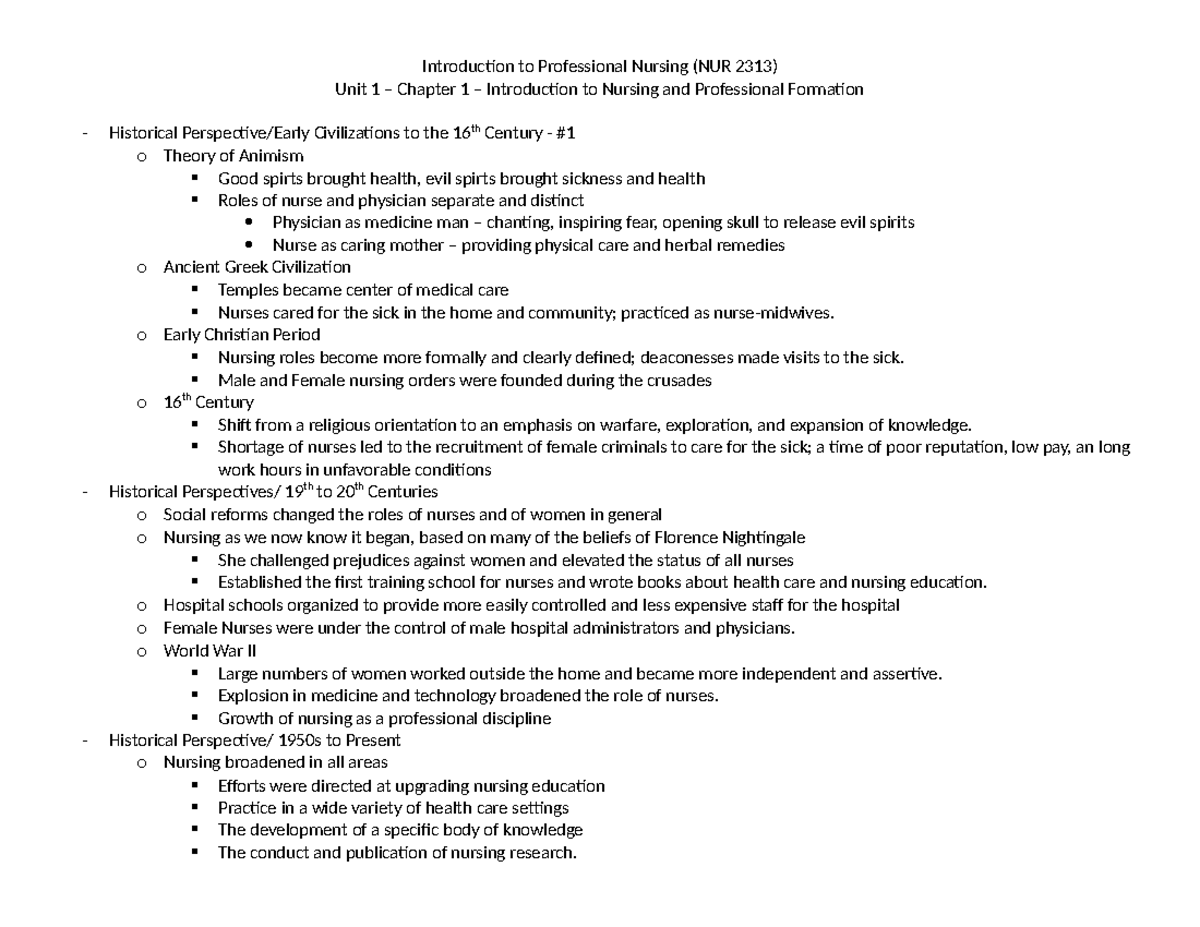 NUR 2313 Unit 1 Chapter 1 Notes: Intro to Nursing & Professional ...