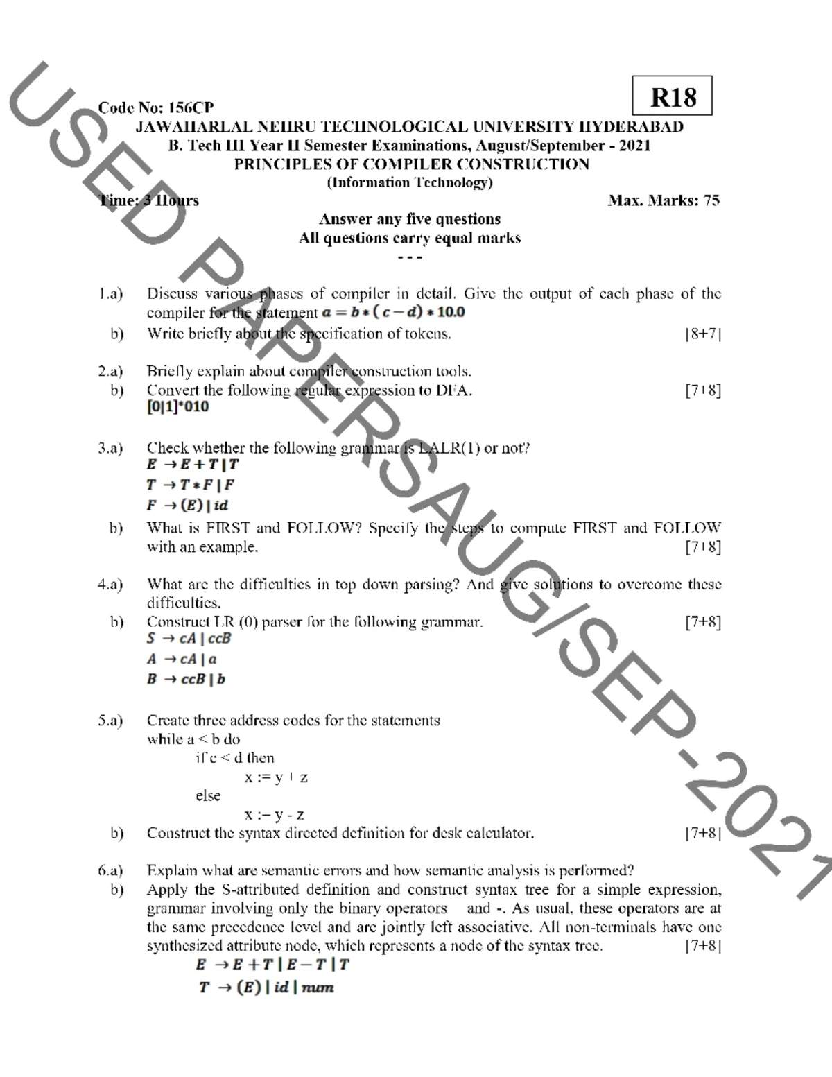 R18 156CP - Previous Year Question Paper for Compiler Construction ...