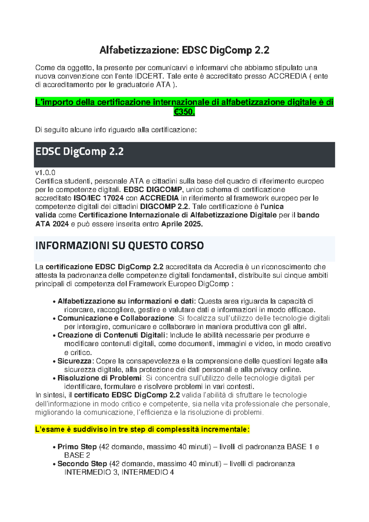 Certificazione di Alfabetizzazione Digitale EDSC DigComp 2 - Info e ...