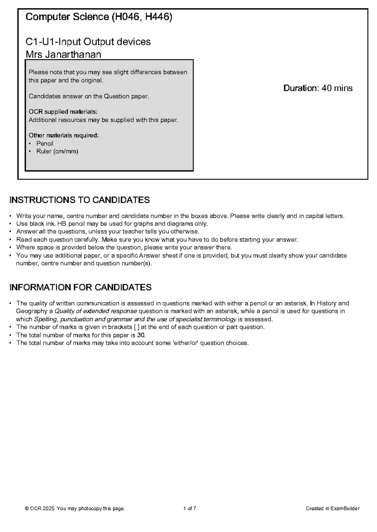 Computer Science (H046, H446) Output Devices Exam Paper - Studocu