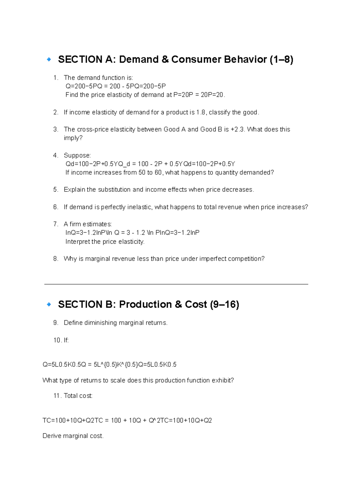 Managerial Economics Exercise: Demand, Production, Market Structure ...