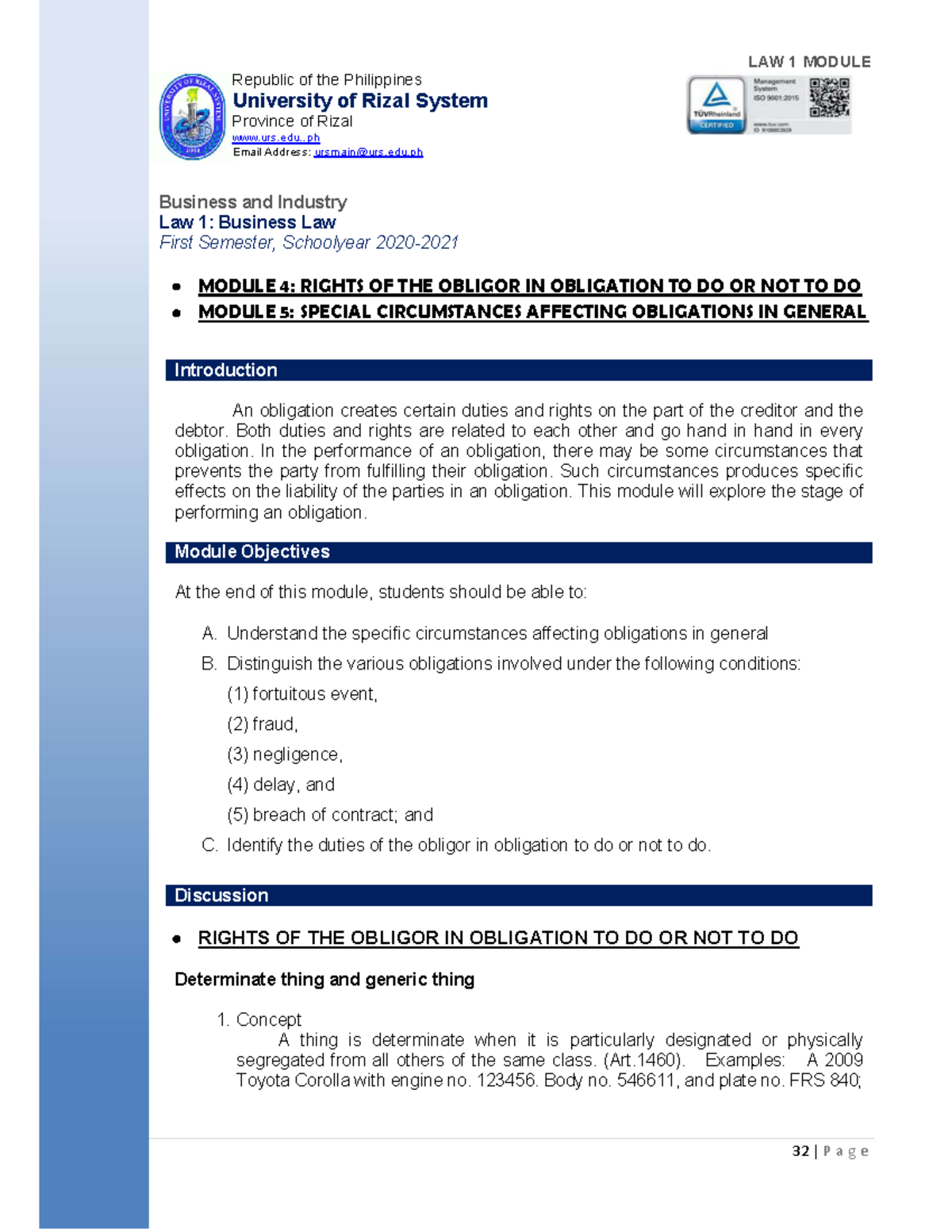 Obligations and Rights of Obligor: Insights from Modules 4-5 (LAW 1 ...