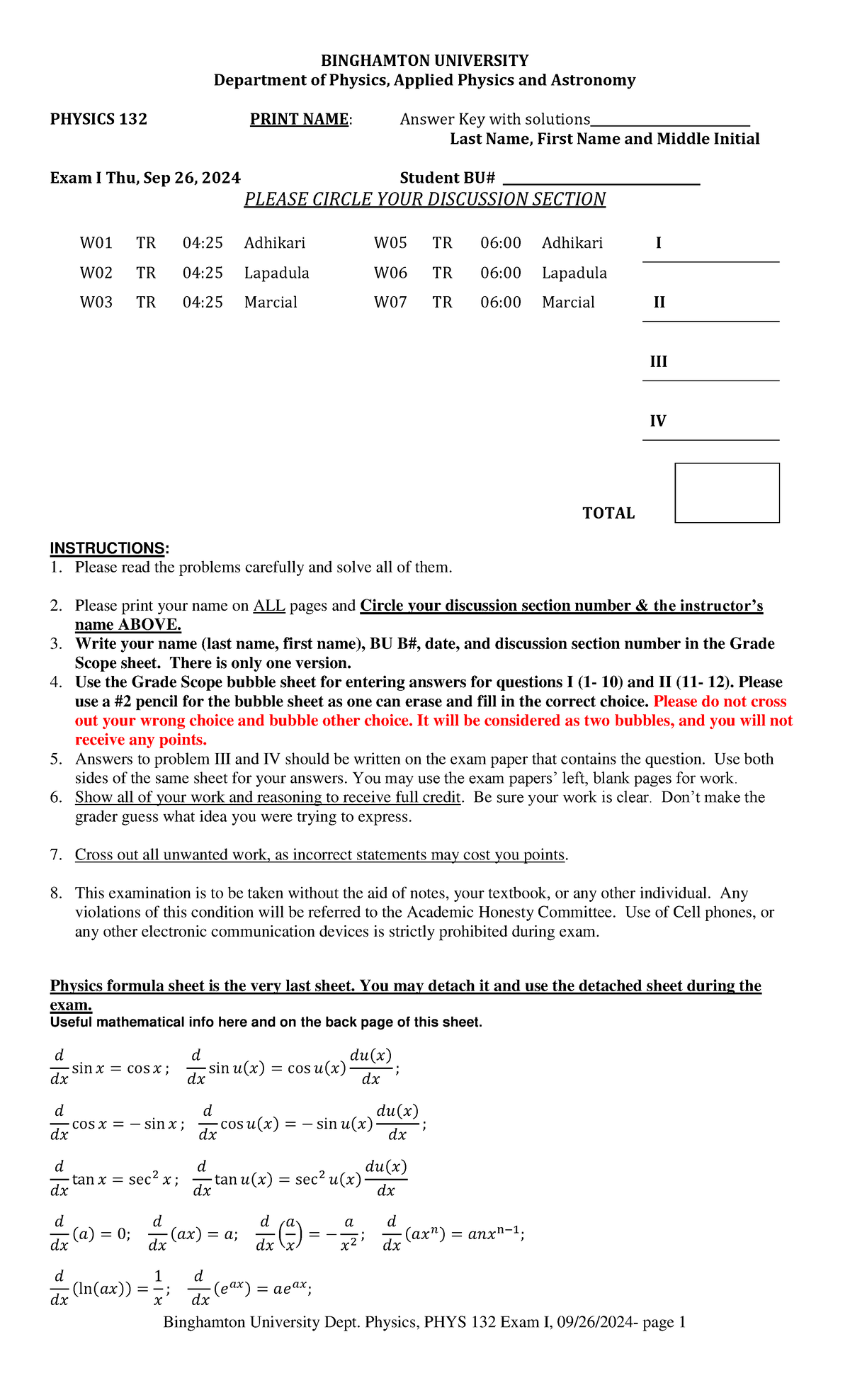 Answer Key for Exam I (PHYS 132) - Fall 2024 with Solutions - Studocu