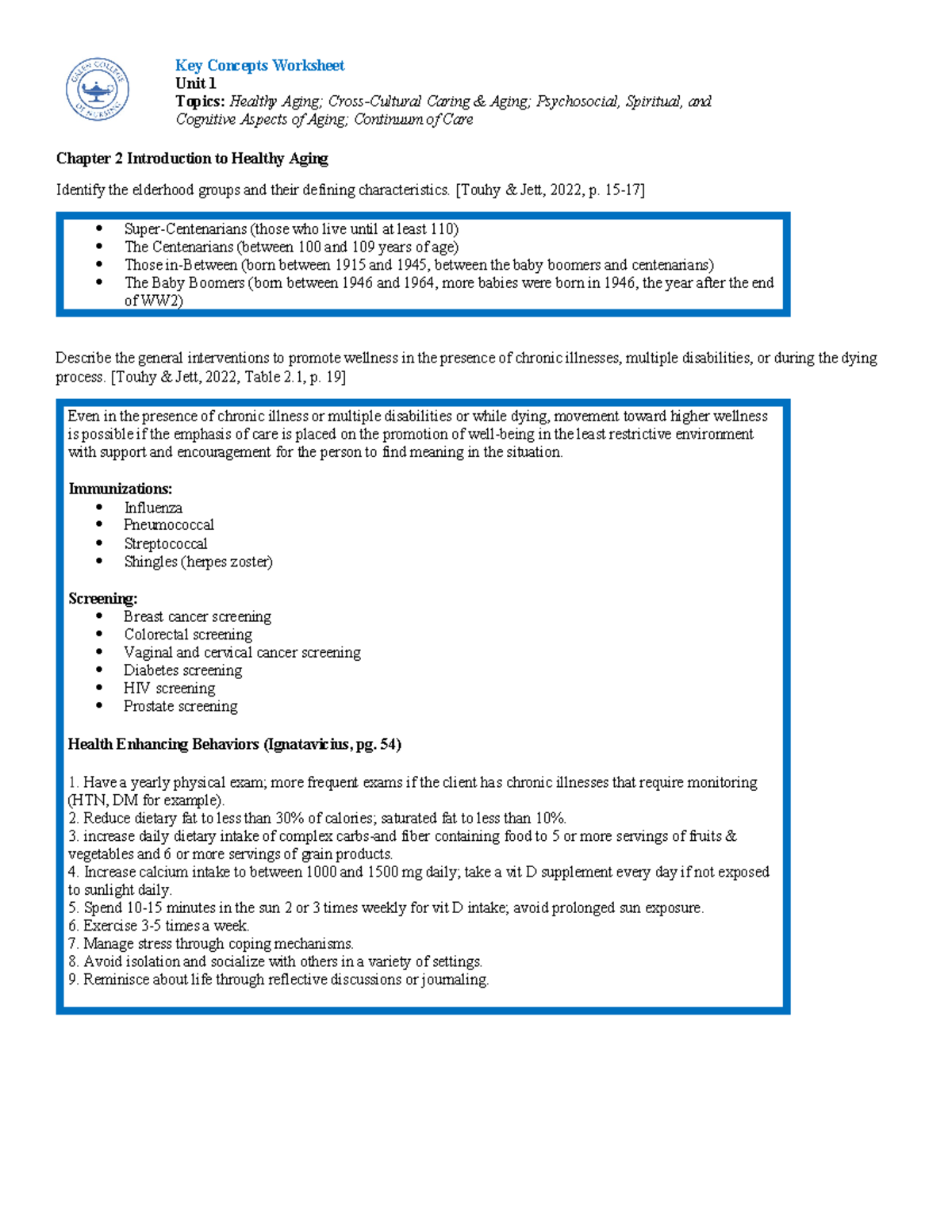 Unit 1 Key Concepts Worksheet (Answer Key) - Unit 1 Topics: Healthy ...