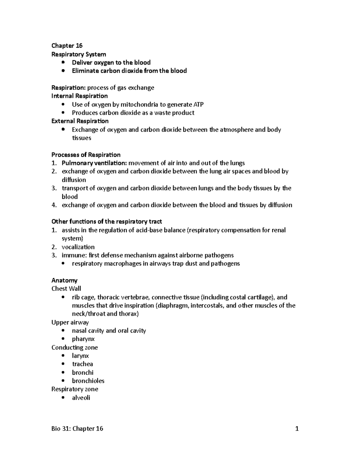 A&P 101: Chapter 16 - Overview of the Respiratory System Functions ...