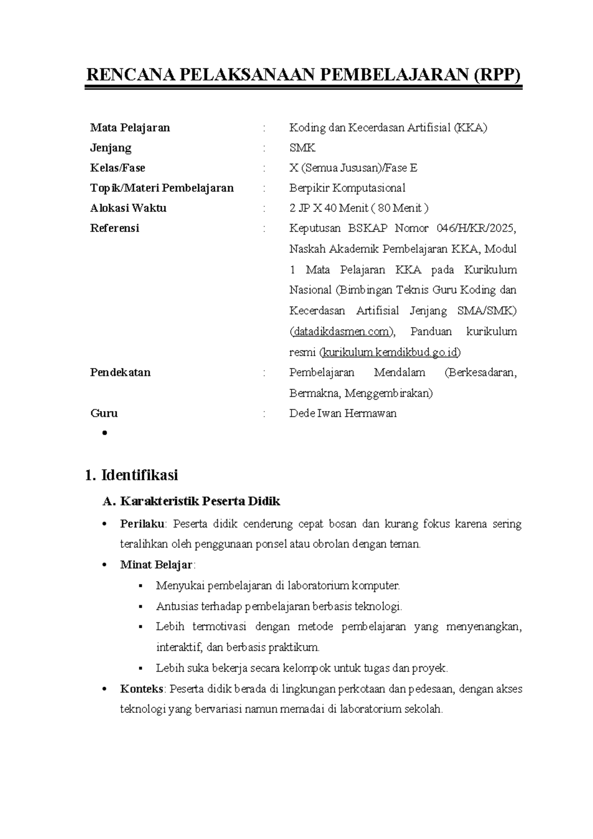 RPP Koding dan Kecerdasan Artifisial (KKA) SMK Kelas X - Studocu
