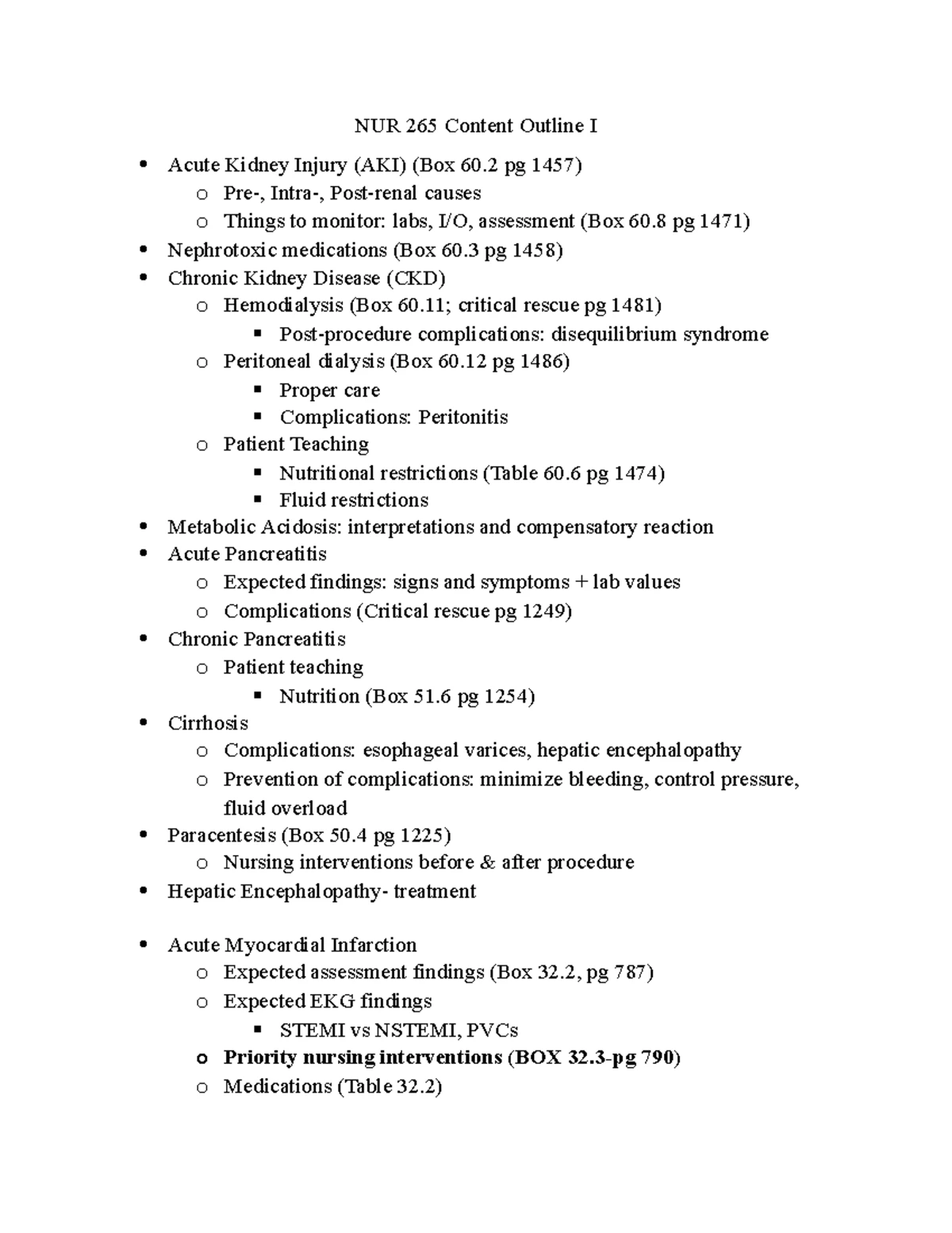 NUR 265 Content Outline I: Key Concepts in Kidney & Cardiac Care - Studocu