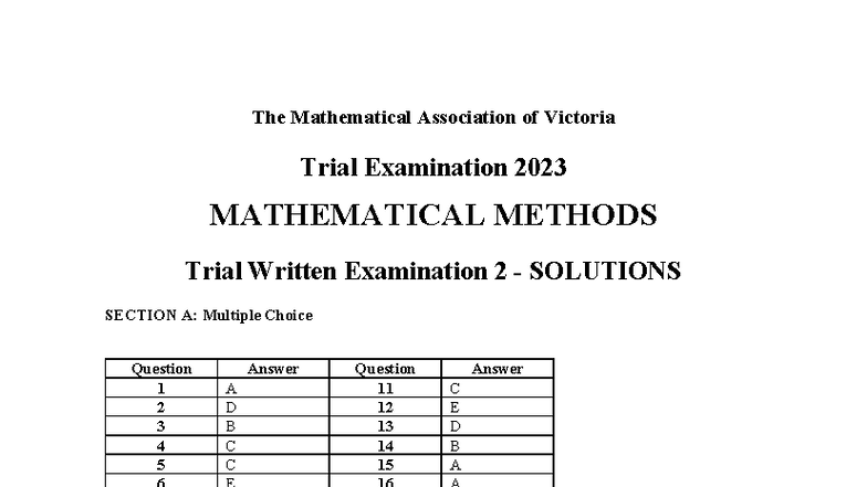 2023 MAV Mathematical Methods Trial Exam 2 Solutions - Studocu
