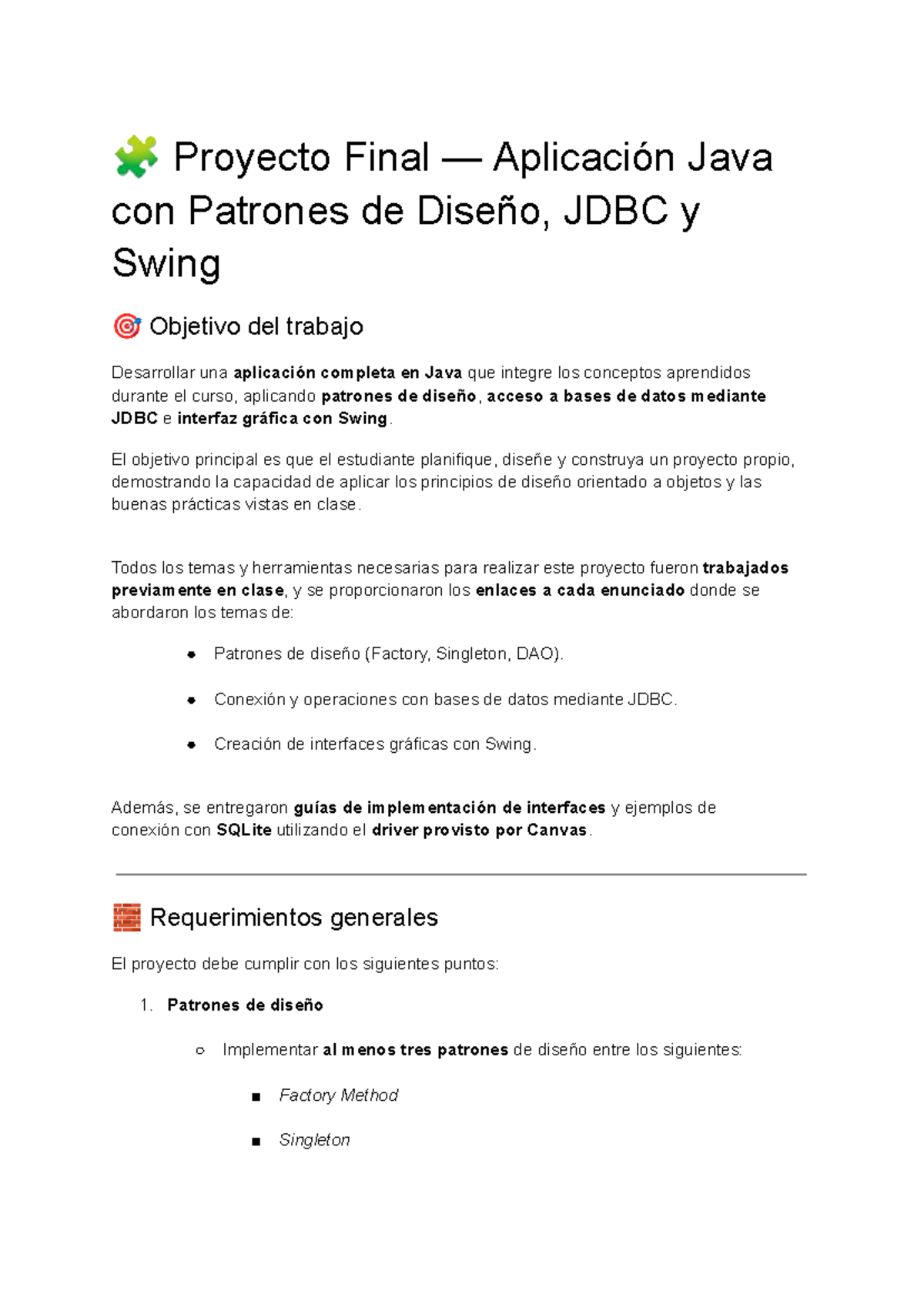 Proyecto Final: Aplicación Java con Patrones de Diseño y JDBC - Studocu