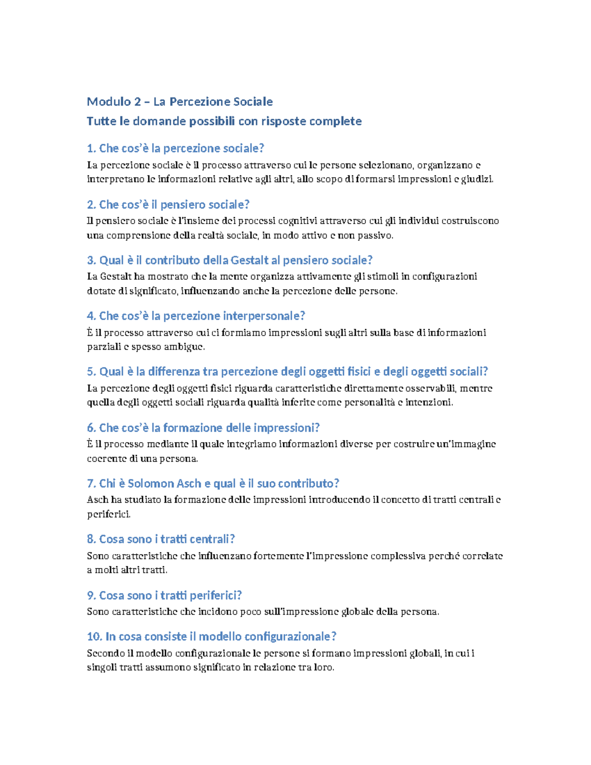 Modulo 2 La Percezione Sociale Domande E Risposte Complete Studocu