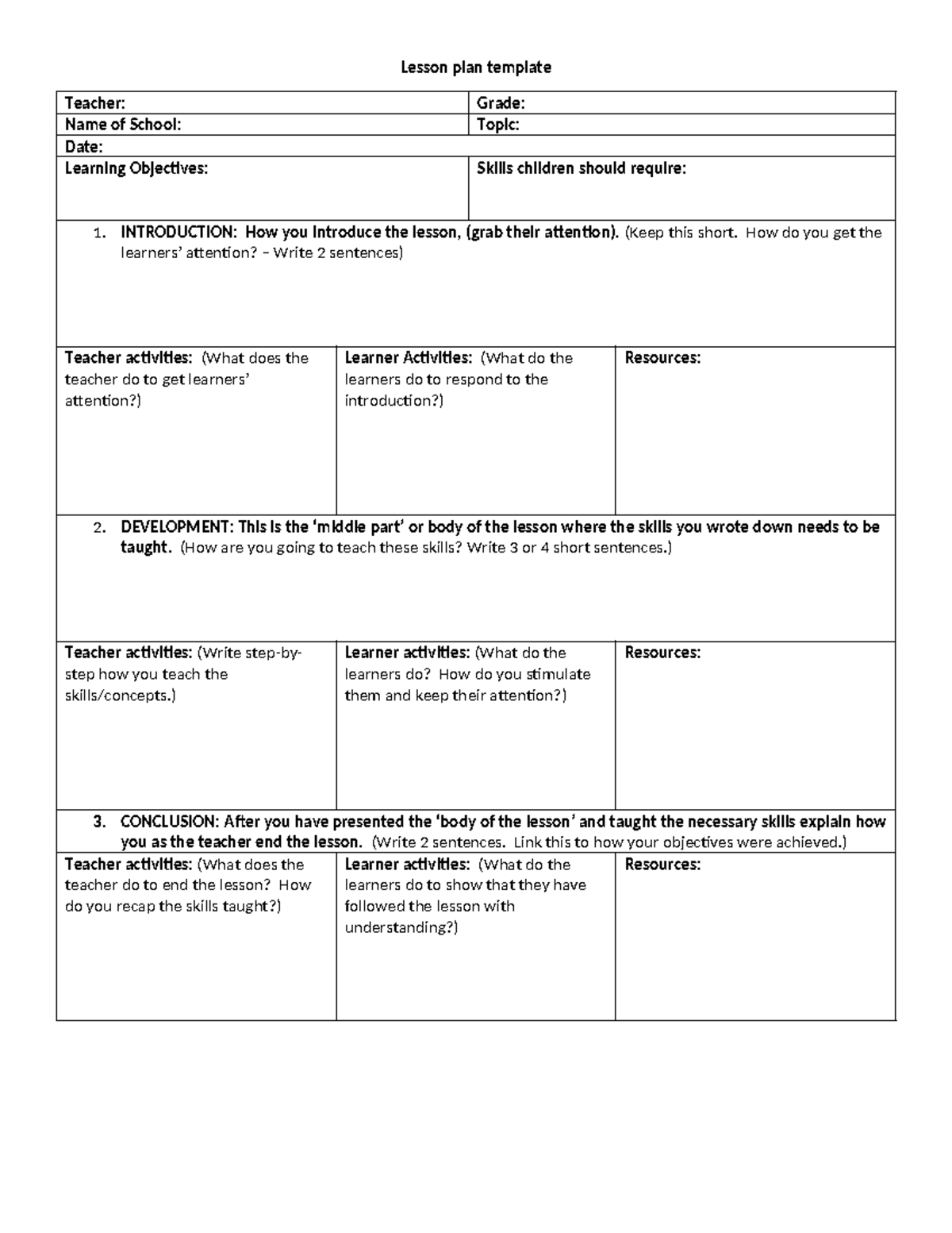 Lesson plan template - Lesson plan template Teacher: Grade: Name of ...