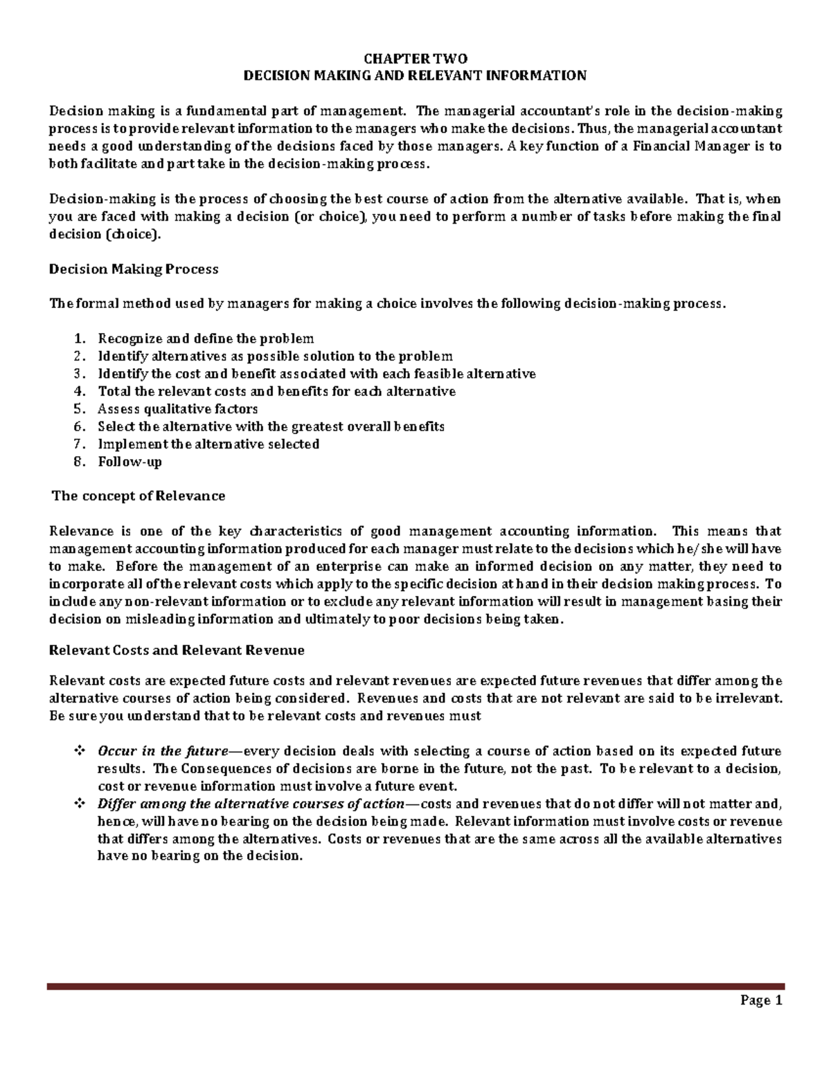 Cost II Chapter 2 - Decision Making & Relevant Info Analysis - Studocu