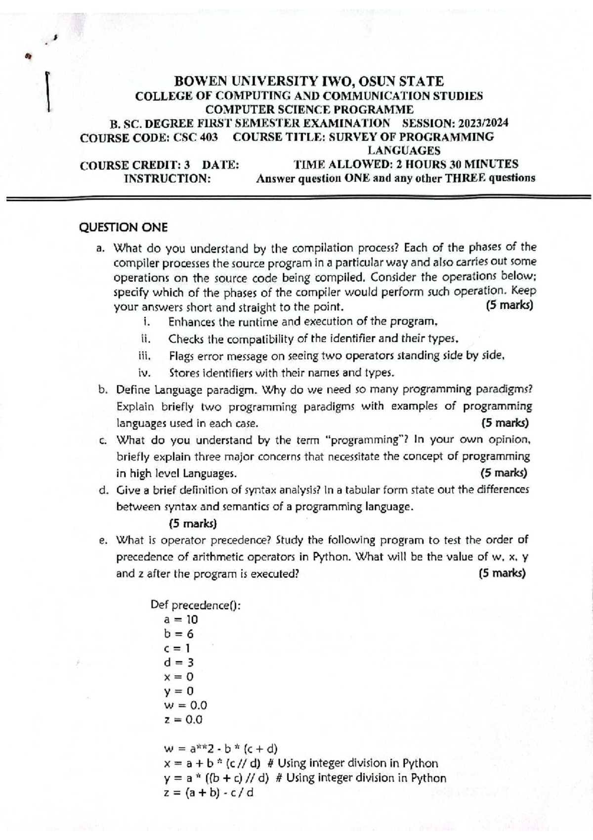 CSC 403 - First Semester Exam: Survey of Programming Languages 2023 ...