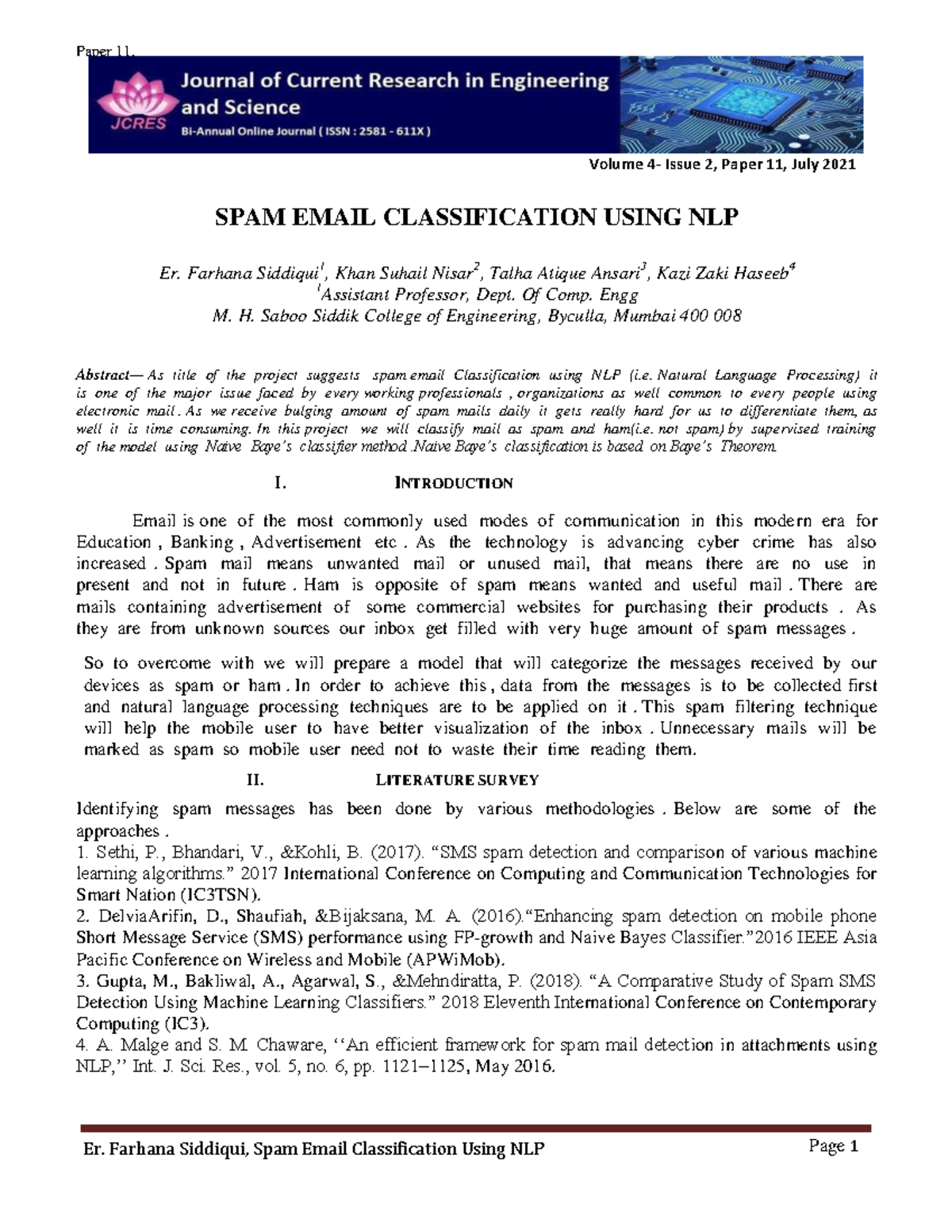 SPAM Email Classification Using NLP (Jcres 2020 Vol 4, Issue 2) - Studocu