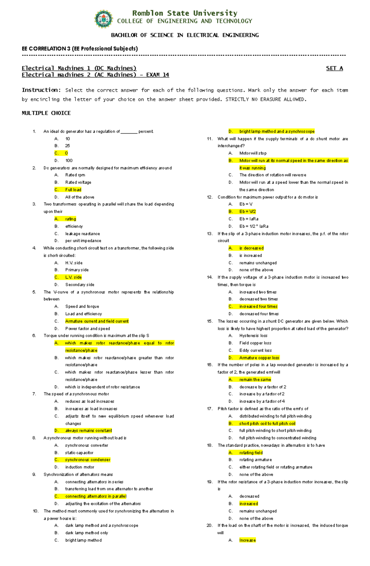 EE 3 (EE Professional Subjects) Machines 1 & 2 Final Exam Set A - Studocu