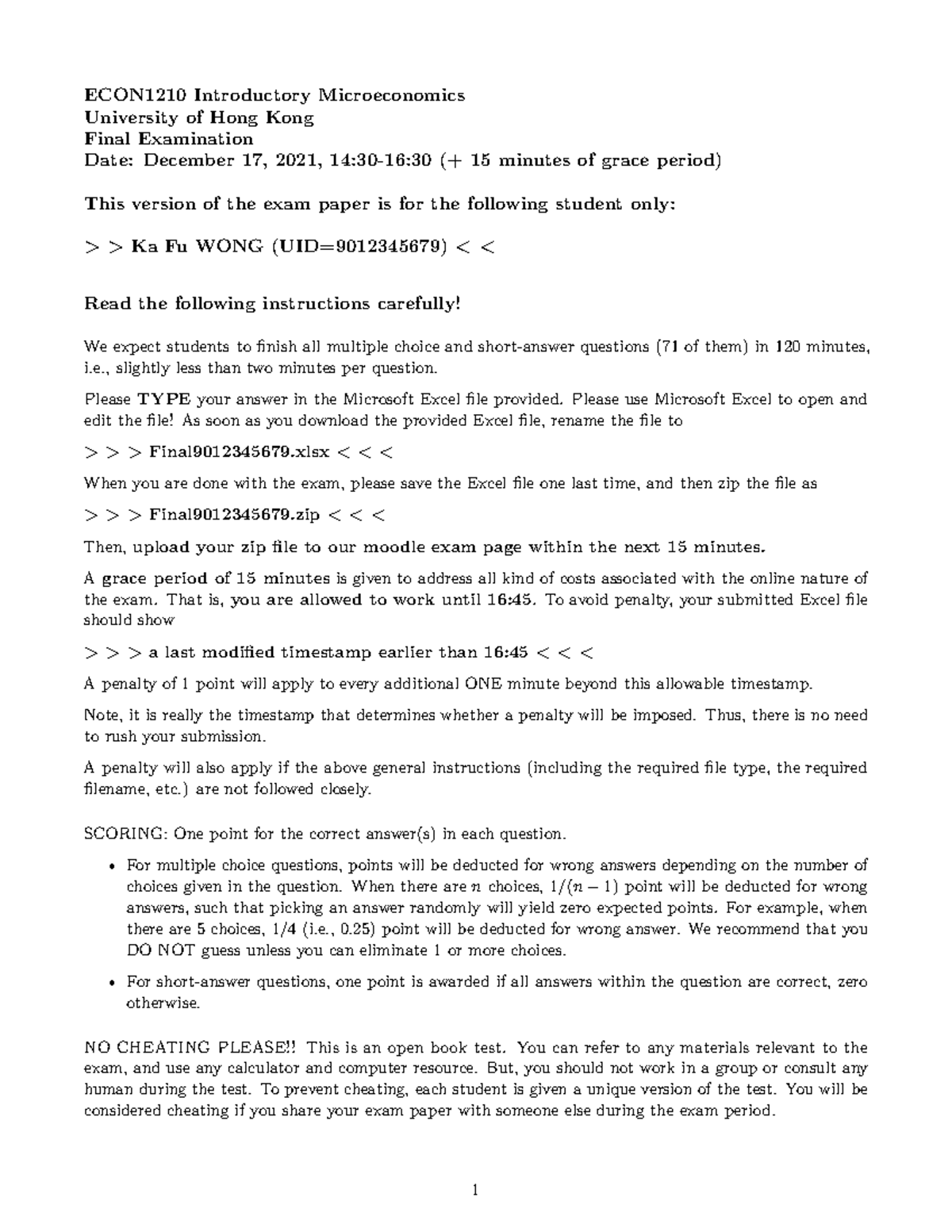 ECON1210 Final Exam Sample Instructions - HKU Microeconomics - Studocu
