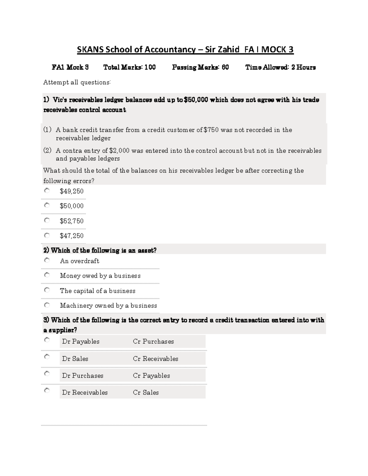 FA1 Mock 3 - FA1 - SKANS School of Accountancy – Sir Zahid FA I MOCK 3 ...