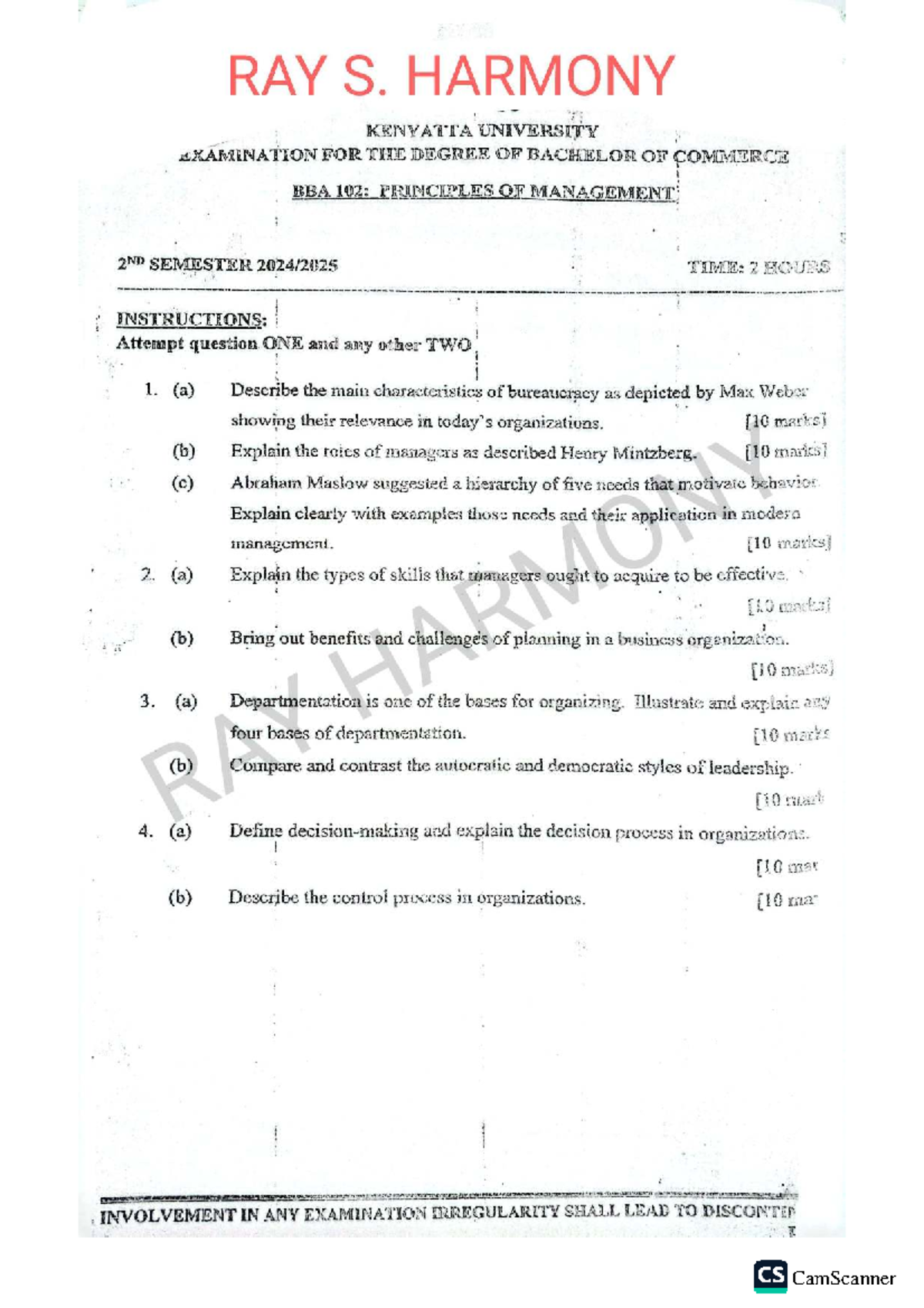 BBA 102: Principles of Management - Latest Past Exam Papers - Studocu