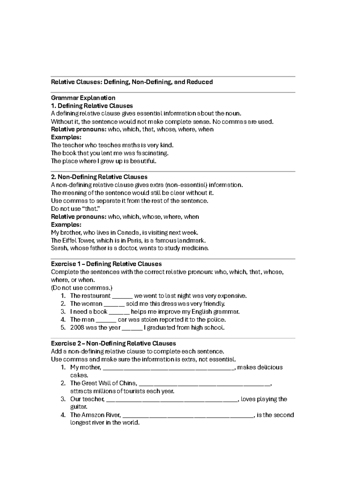 Relative Clauses: Defining & Reduced Grammar Guide - Studocu