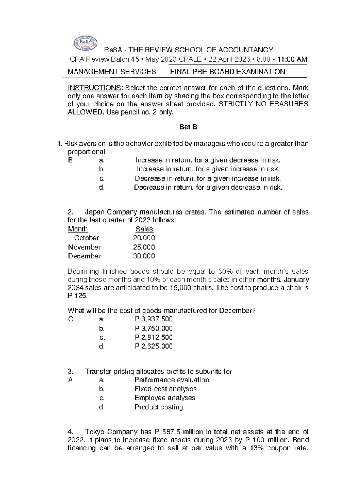 CPA Review Batch 45: Management Services Final Exam Preboards May 2023 ...