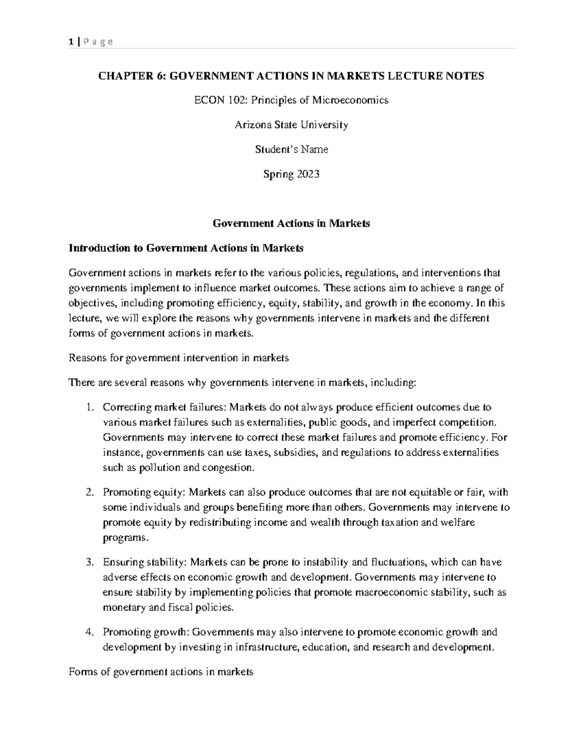 ECON 102 Lecture Notes: Government Actions in Markets (Chapter 6) - Studocu