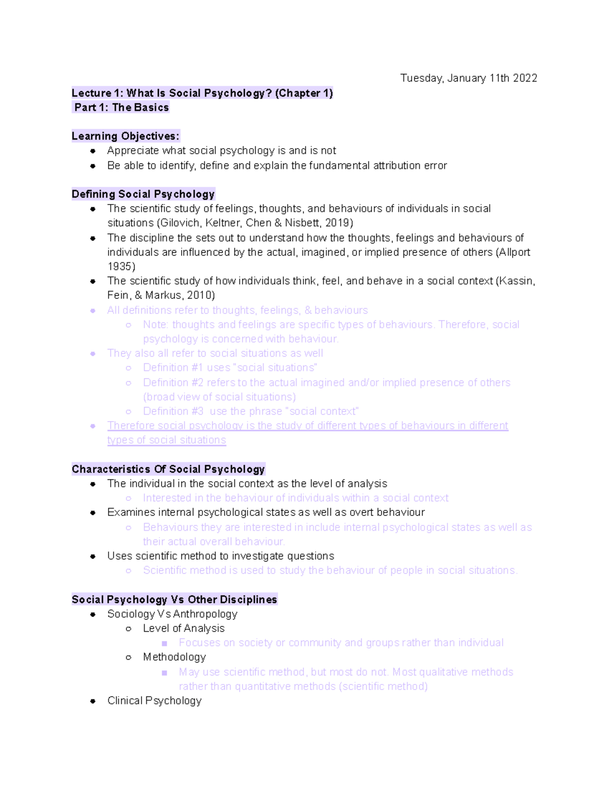 Psych 2800 - Lecture 1 - What Is Social Psychology - Tuesday, January ...