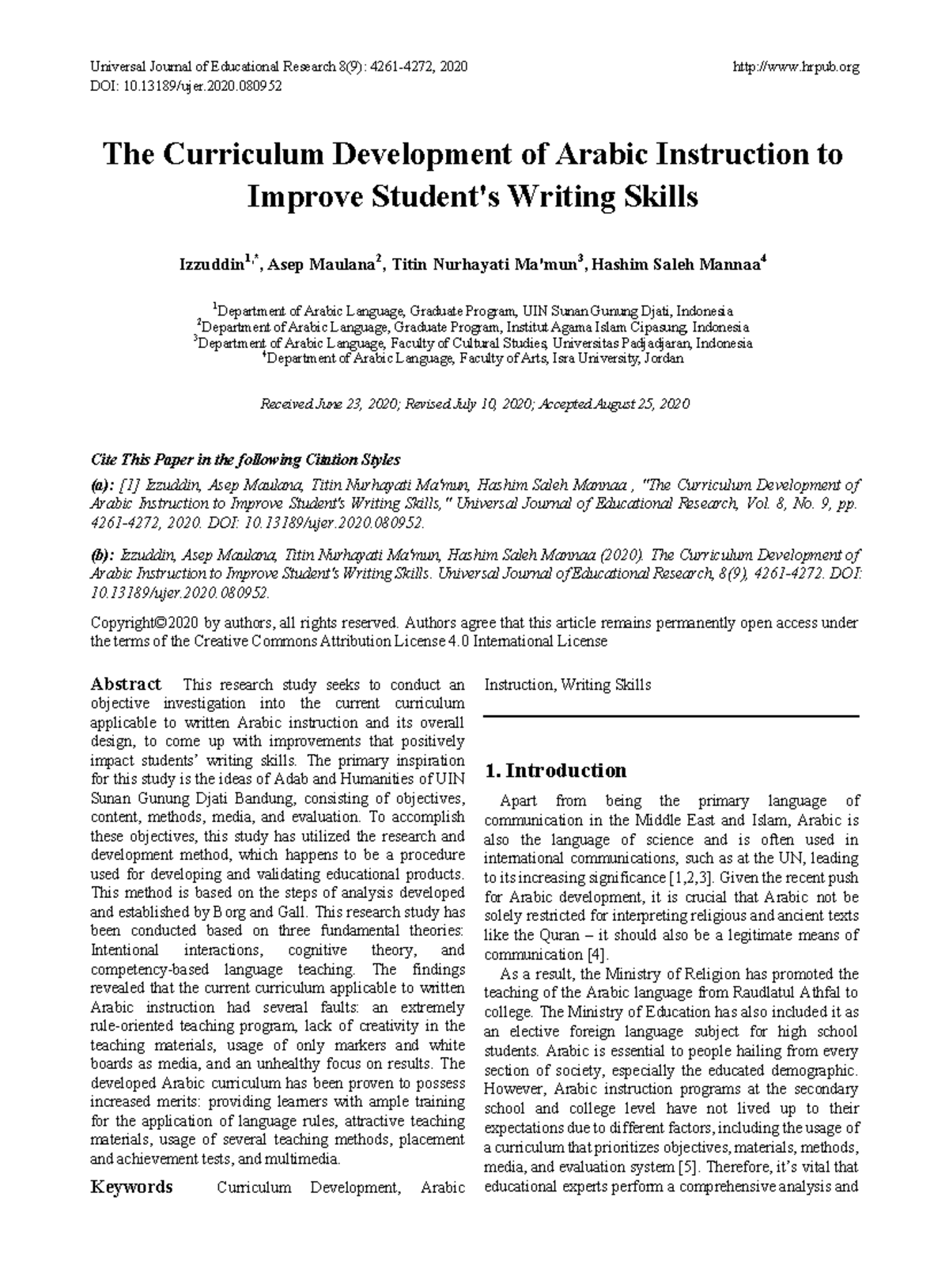 Curriculum Development for Arabic Writing Skills Enhancement (EDU 2020 ...