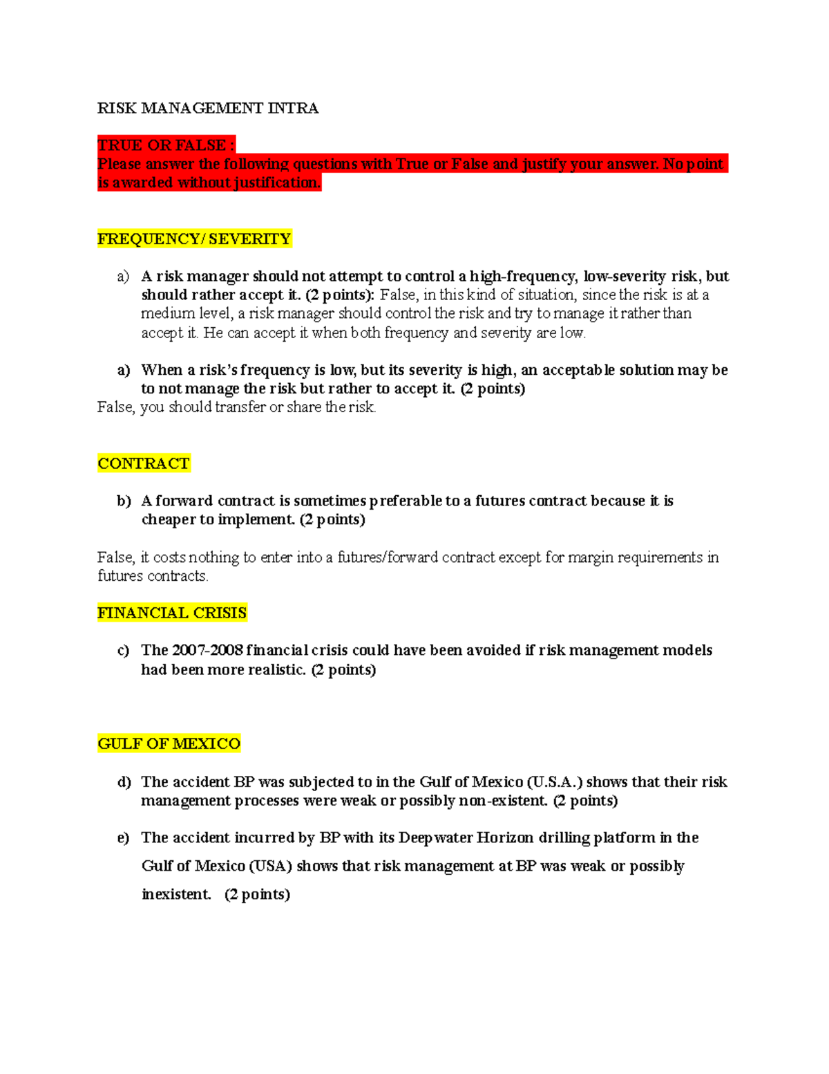 RISK Management Intra Quiz and Case Studies Analysis (FIN-401) - Studocu