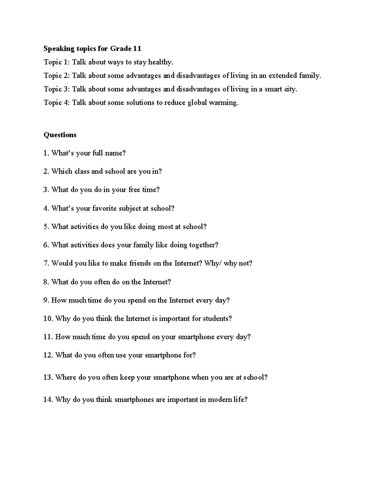 Speaking Topics & Questions for Grade 11 - Studocu