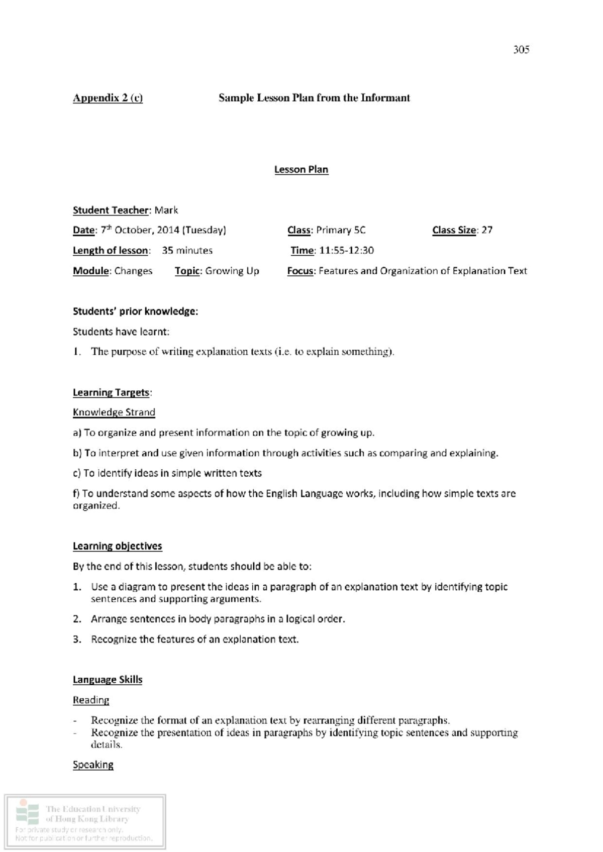 305 Primary 5C Lesson Plan: Growing Up & Explanation Texts - Studocu