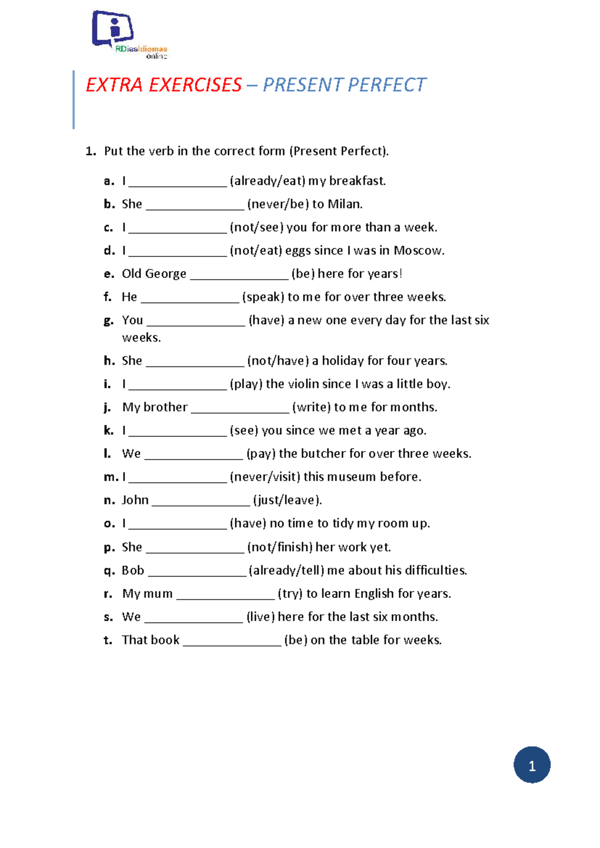 Lesson 9 - Extra Exercises on Present Perfect - Studocu