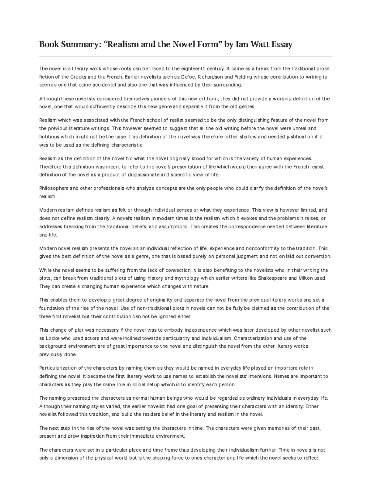 Book Summary Realism and the Novel Form by Ian Watt - 847 Words Essay ...
