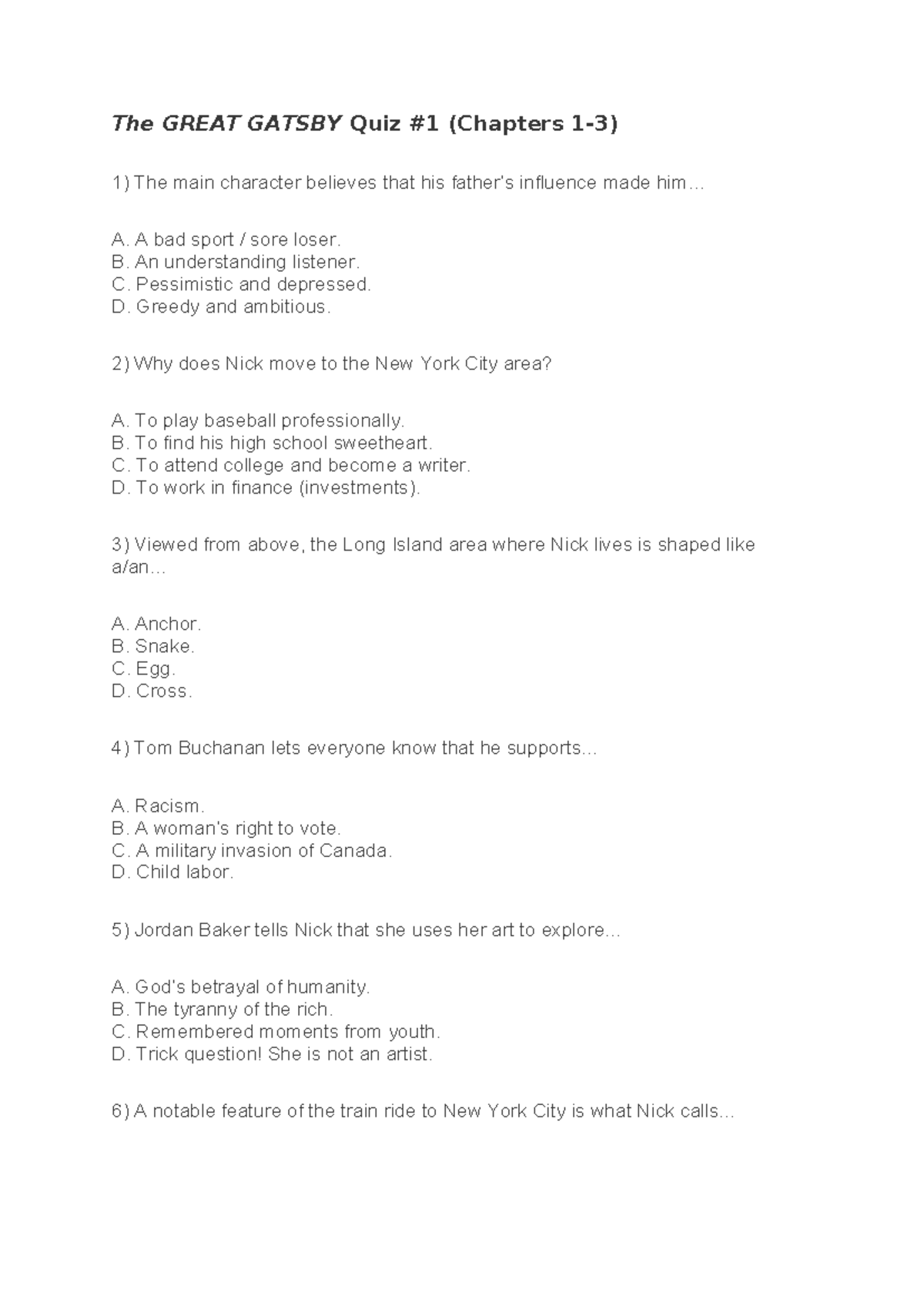 The Great Gatsby Reading Comprehension - The GREAT GATSBY Quiz #1 ...