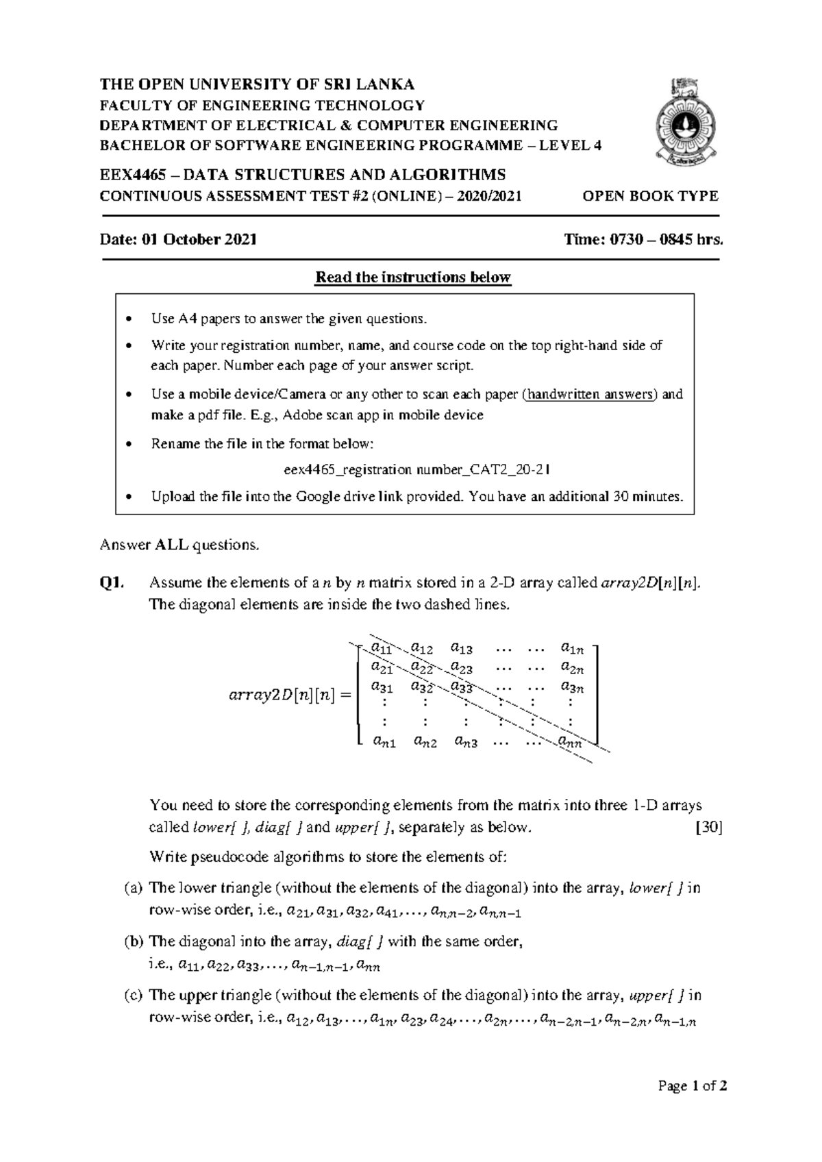 EEX4465 2020-CAT 2 - Data Structures & Algorithms Exam Guidelines - Studocu