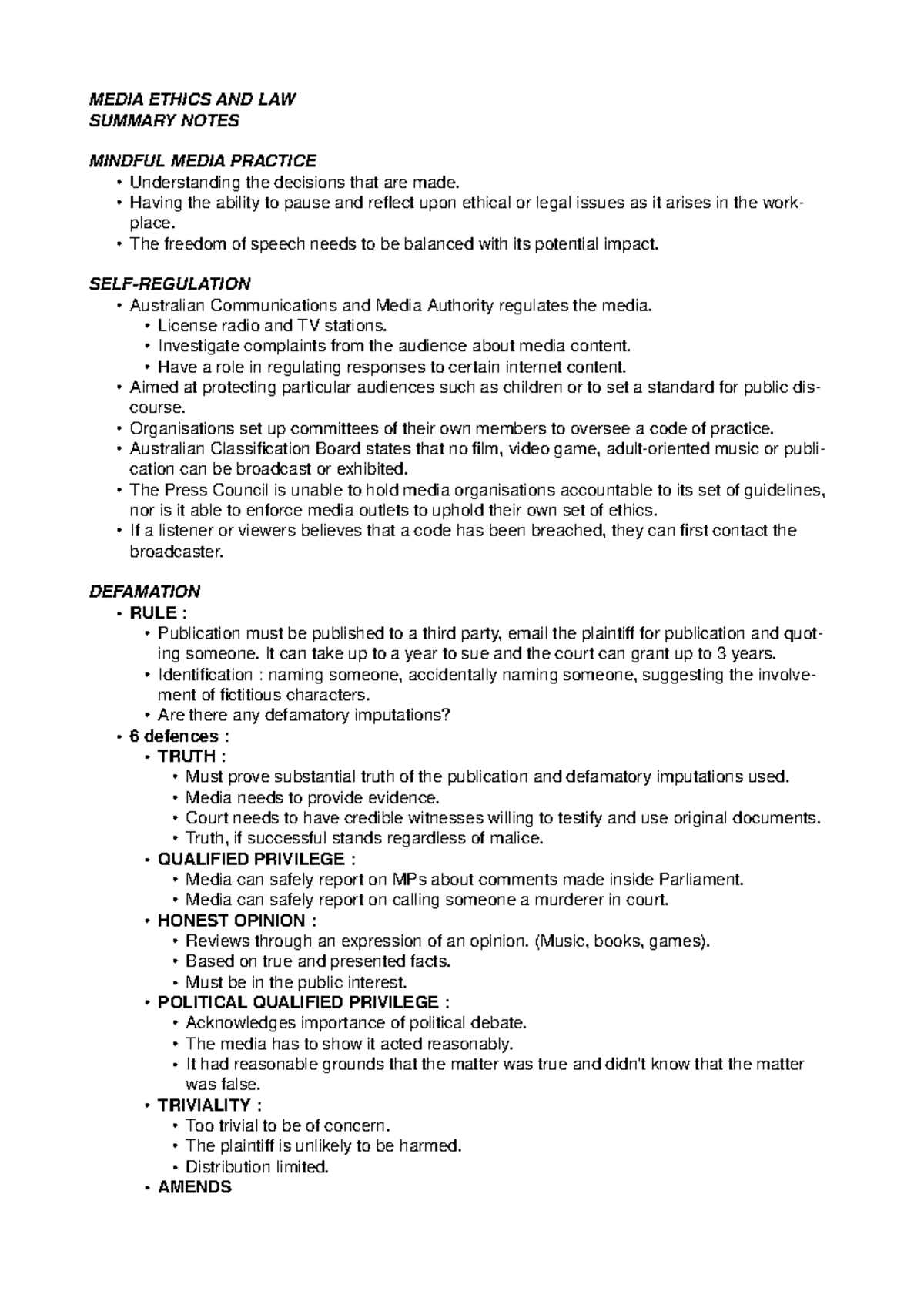 MEDIA ETHICS AND LAW SUMMARY NOTES - KEY CONCEPTS & REGULATIONS - Studocu