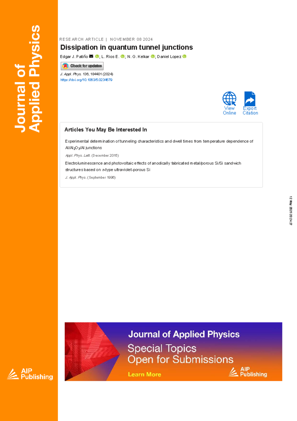 Dissipation in Quantum Tunnel Junctions: J. Appl. Phys. 136, 184401 ...