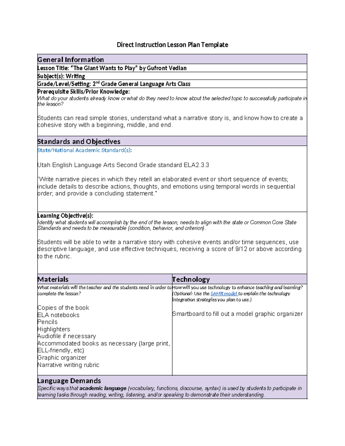 LTM3 - Task 1: Language Arts Lesson Plan on Dinosaurs Before Dark - Studocu