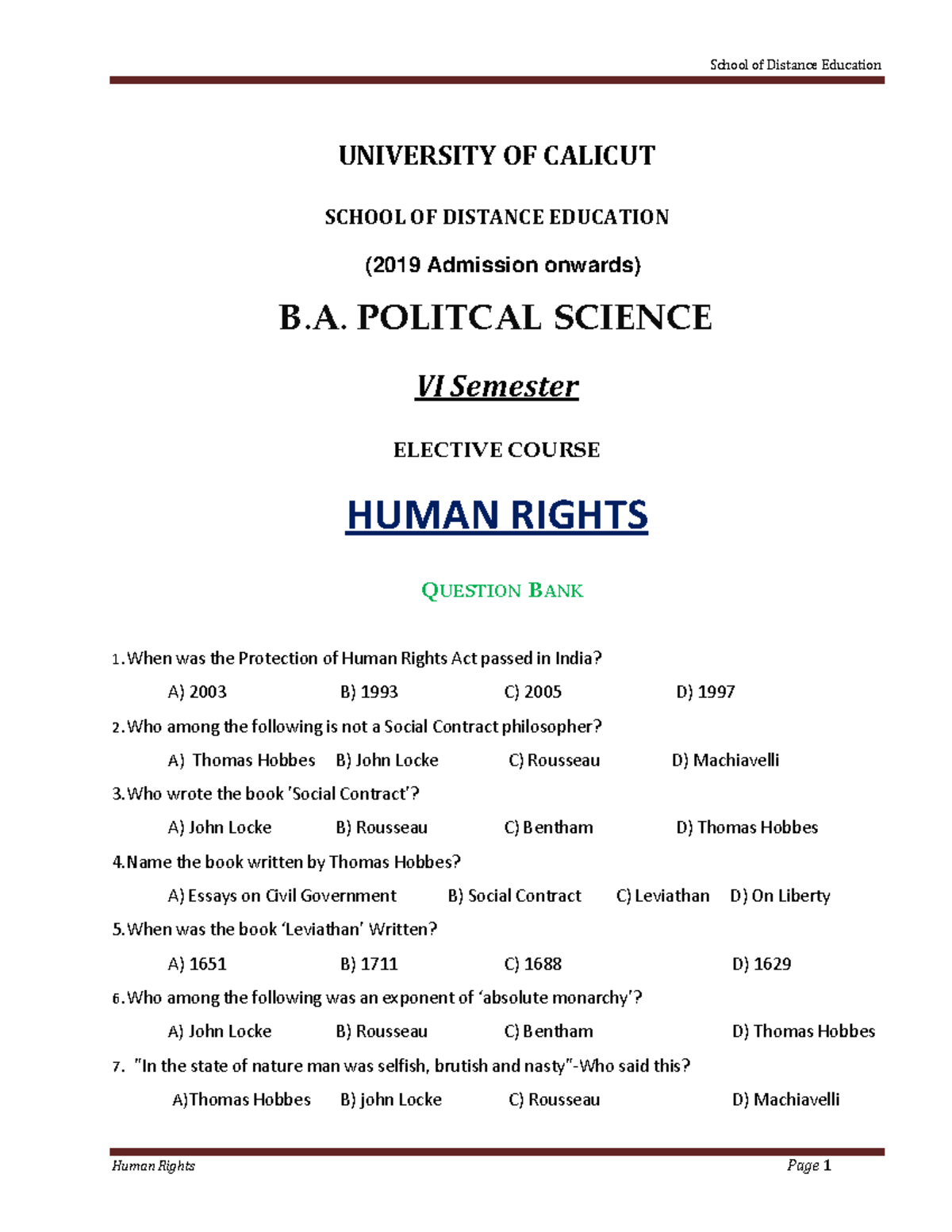 B.A. Political Science VI Sem - Human Rights MCQ Question Bank - Studocu