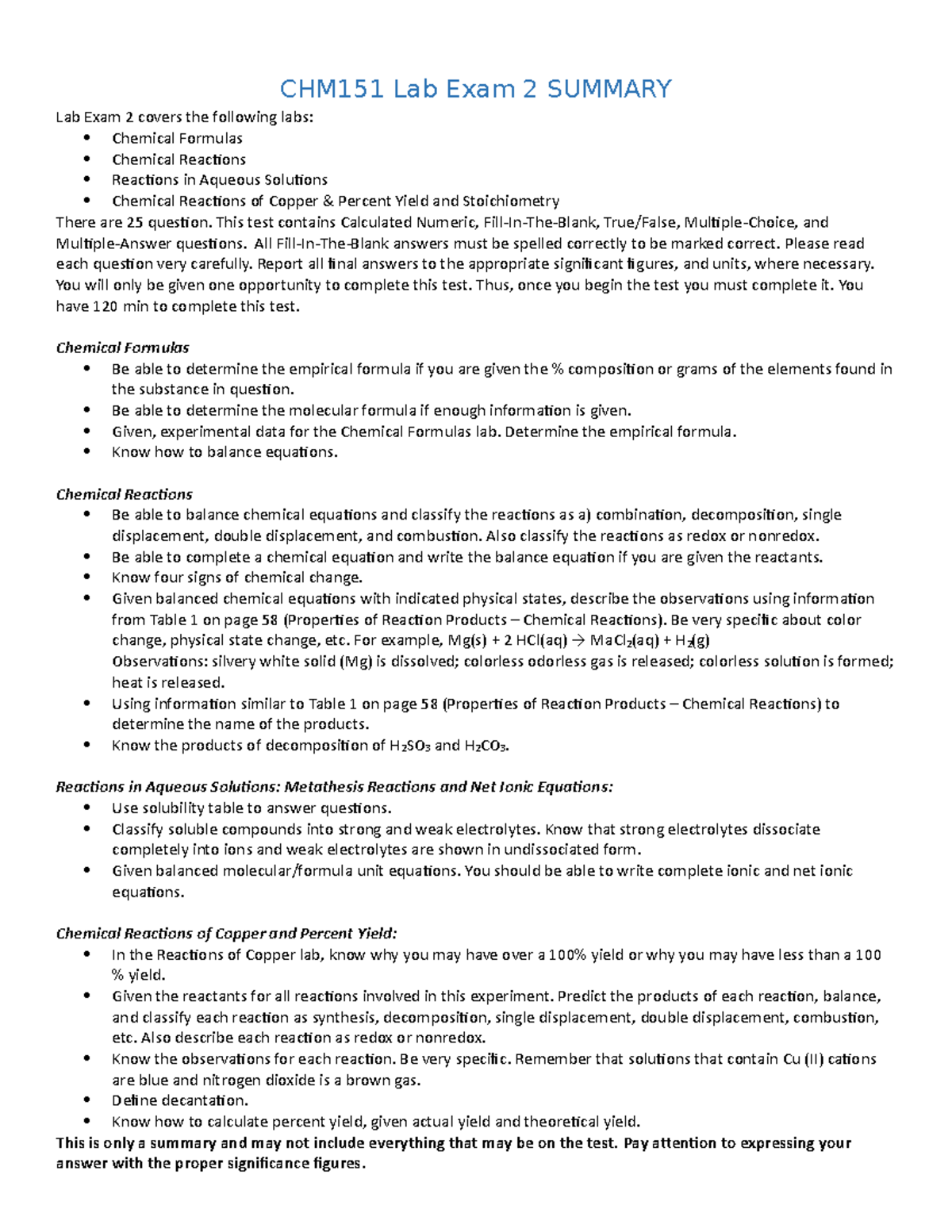 CHM151 Lab Exam 2 Study Guide: Key Concepts & Review Tips - Studocu