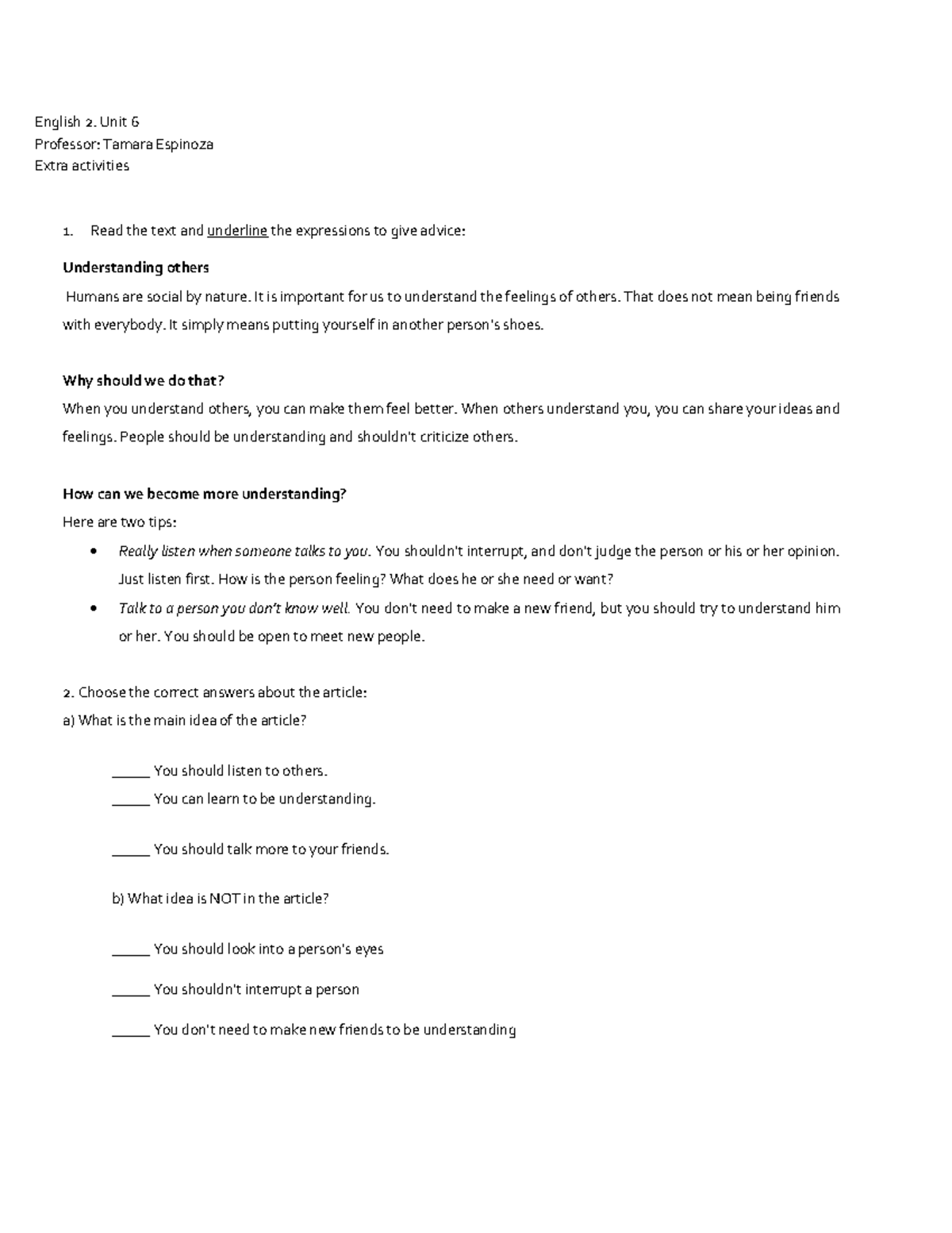 Extra Activities for English 2: Unit 6 - Understanding Others - Studocu